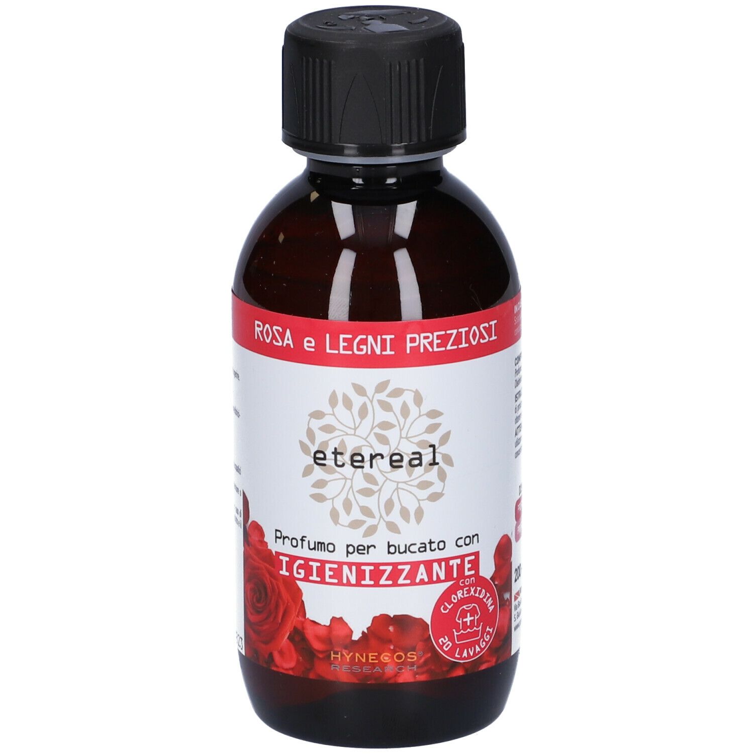 Braune Flasche mit schwarzem Deckel. Etikett mit Produktnamen, Marke 'etereal' und floralem Design. 'Rosa e Legni Preziosi'.