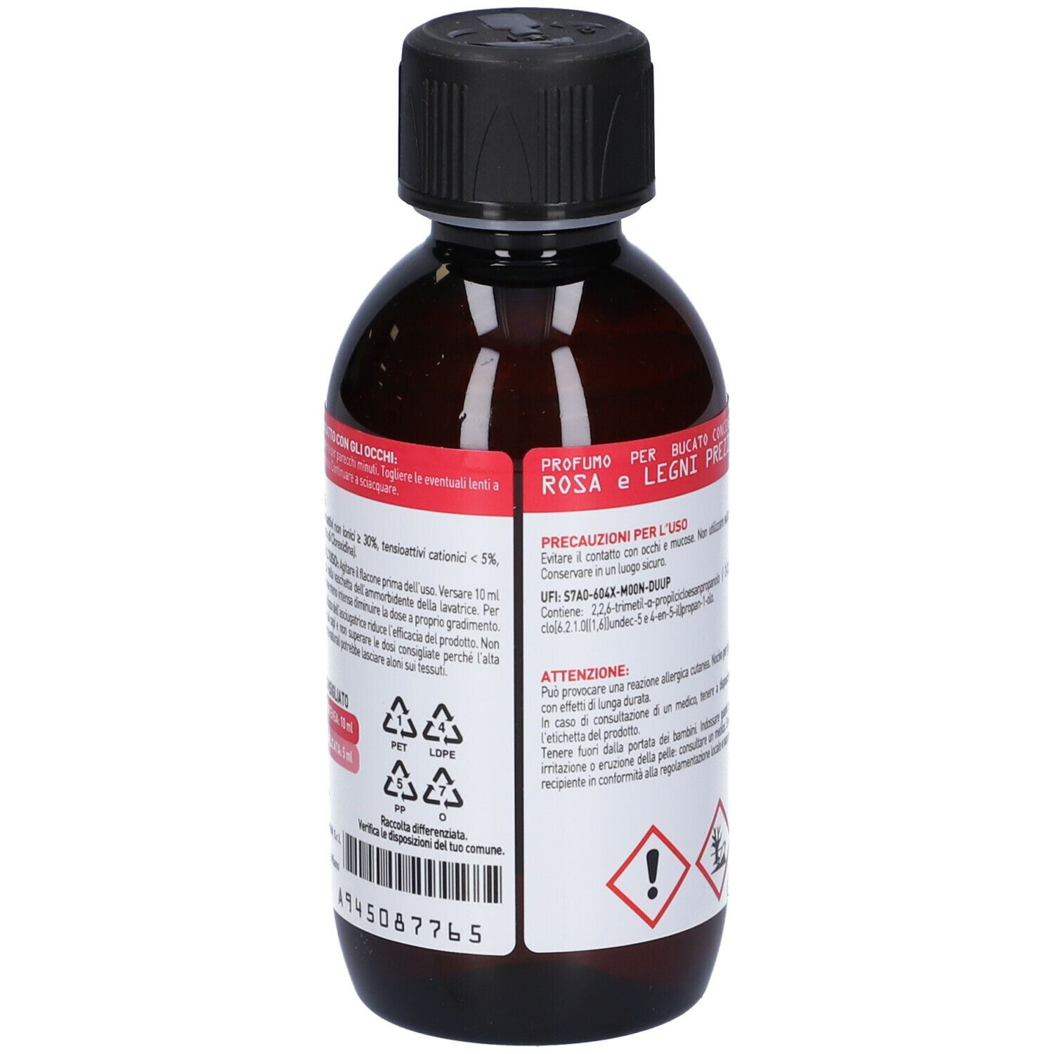 Braune Flasche mit schwarzem Deckel. Etikett mit Produktinformationen, Recycling-Symbolen und Chargennummer. 'Rosa e Legni Preziosi'.