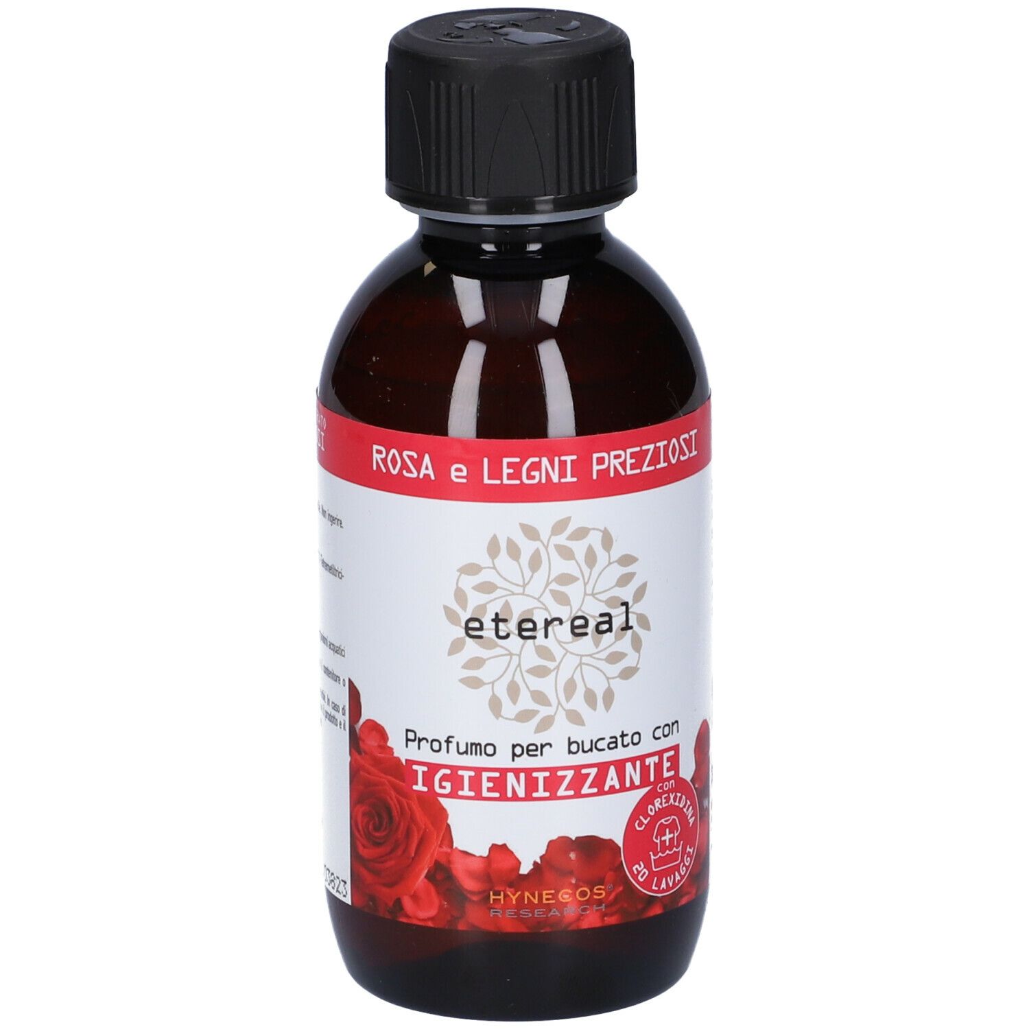 Braune Flasche mit schwarzem Deckel. Etikett mit Produktnamen, Marke 'etereal' und floralem Design. 'Rosa e Legni Preziosi'.