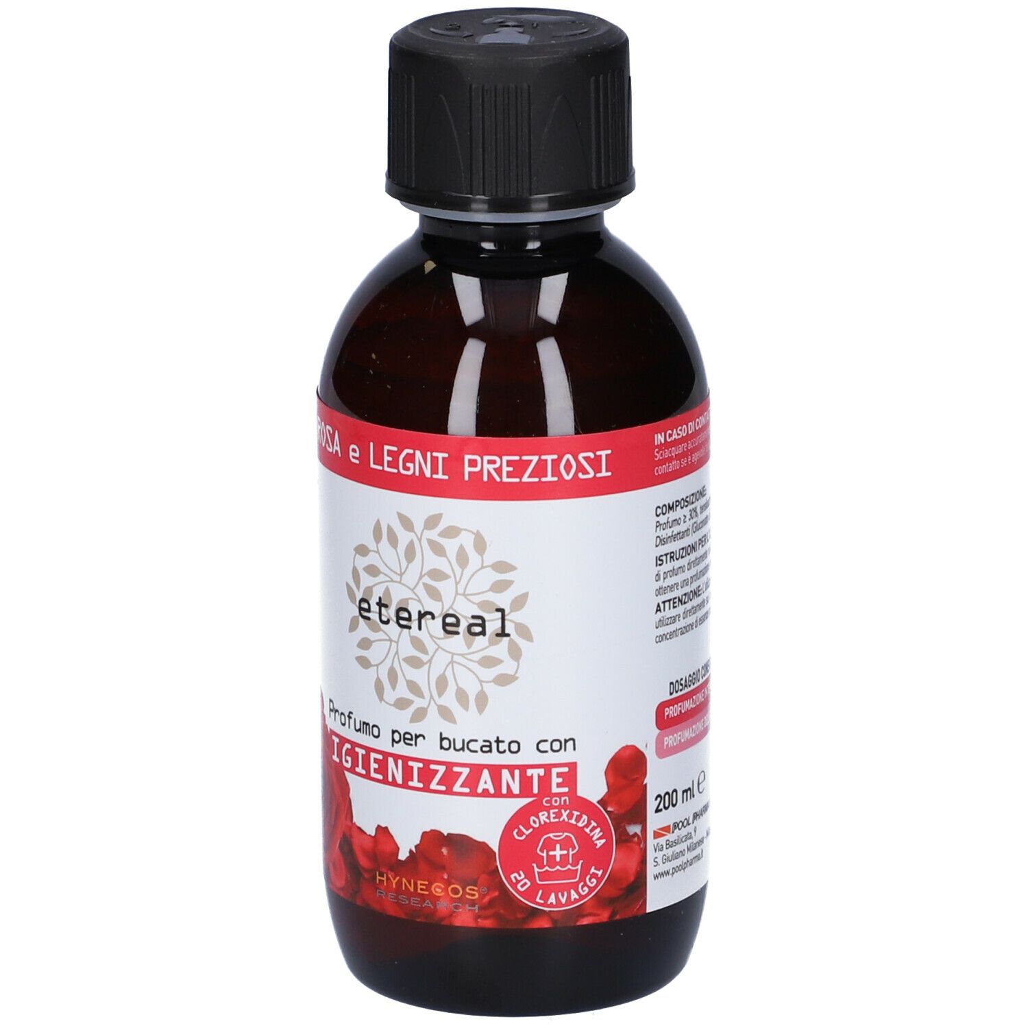 Braune Flasche mit schwarzem Deckel. Etikett mit Produktnamen, Marke 'etereal' und floralem Design. 'Rosa e Legni Preziosi'. 200 ml.