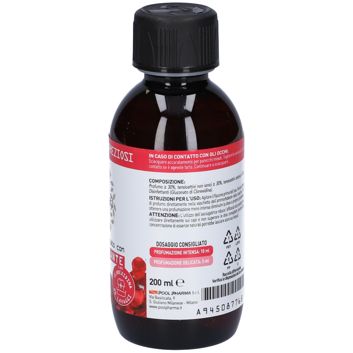 Braune Flasche mit schwarzem Deckel. Etikett mit Produktinformationen, Inhaltsstoffen und Dosierung. 'Rosa e Legni Preziosi'. 200 ml.