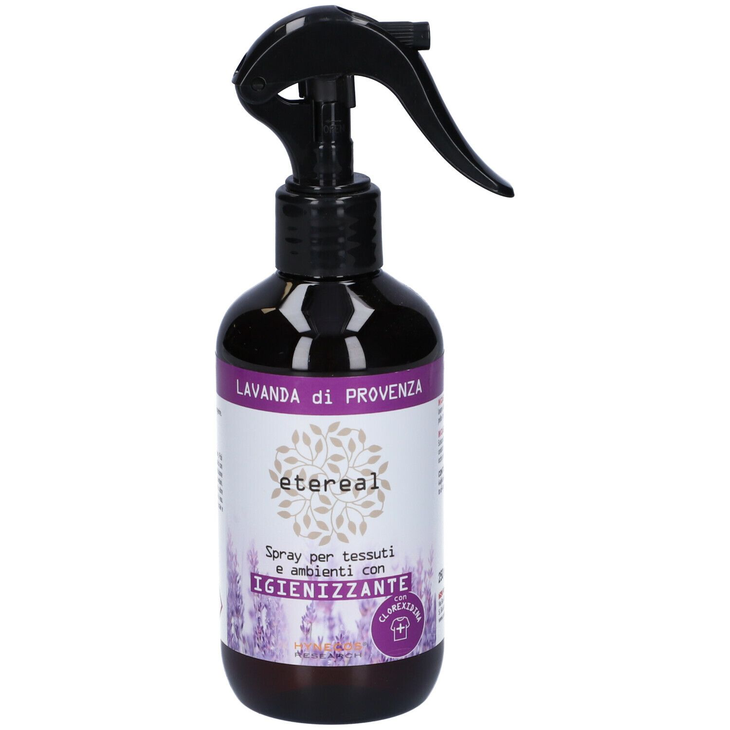 Flacone marrone con spruzzatore nero. Etichetta con testo: Lavanda di Provenza, Etereal, Spray per tessuti e ambienti con Igienizzante.