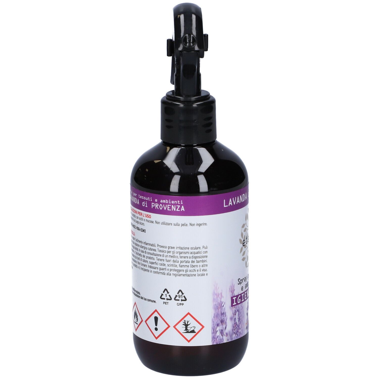 Retro del flacone marrone con spruzzatore nero. Etichetta con testo e pittogrammi. Lavanda di Provenza, Etereal, Spray.