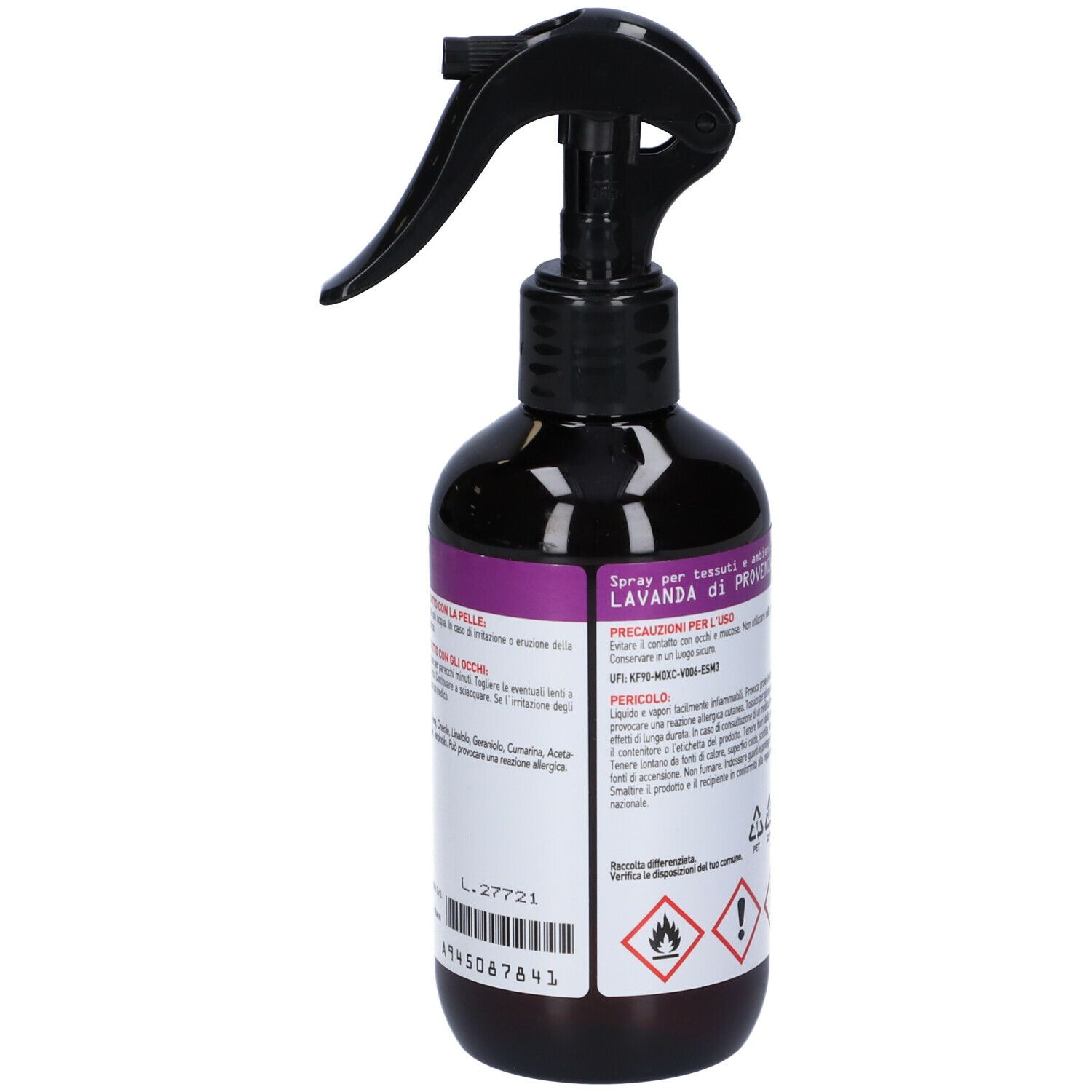 Flacone marrone con spruzzatore nero. Etichetta con testo e pittogrammi. Lavanda di Provenza, Etereal, Spray. Avvertenze di pericolo.