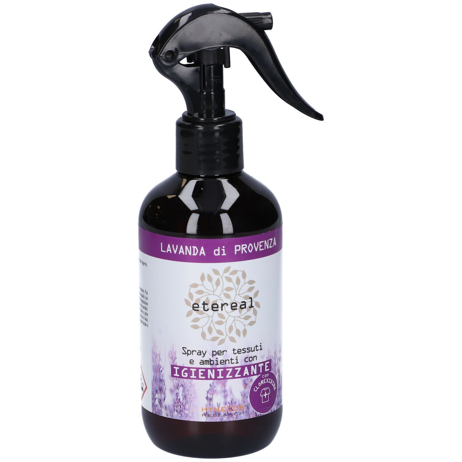 Flacone marrone con spruzzatore nero. Etichetta con testo: Lavanda di Provenza, Etereal, Spray per tessuti e ambienti con Igienizzante.