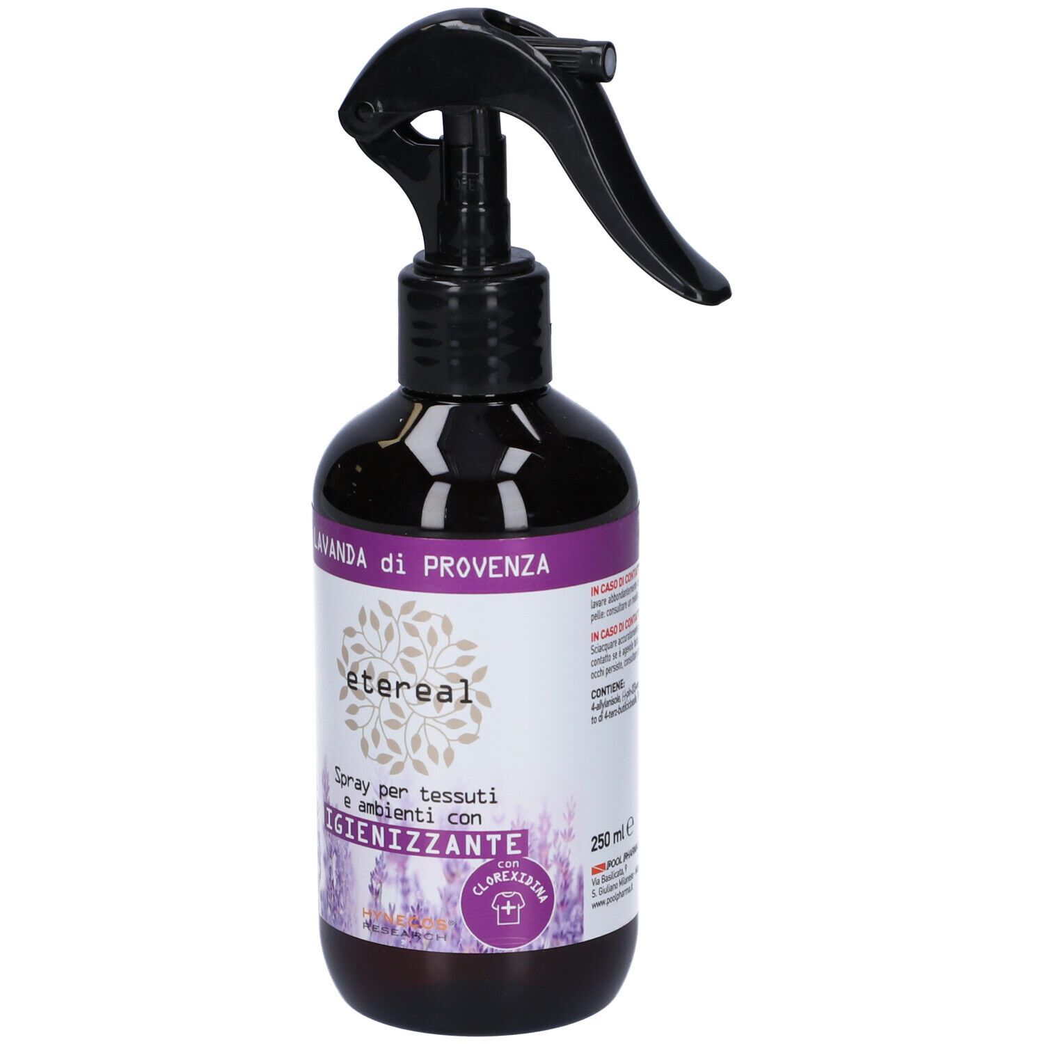 Flacone marrone con spruzzatore nero. Etichetta con testo: Lavanda di Provenza, Etereal, Spray. Volume: 250 ml.