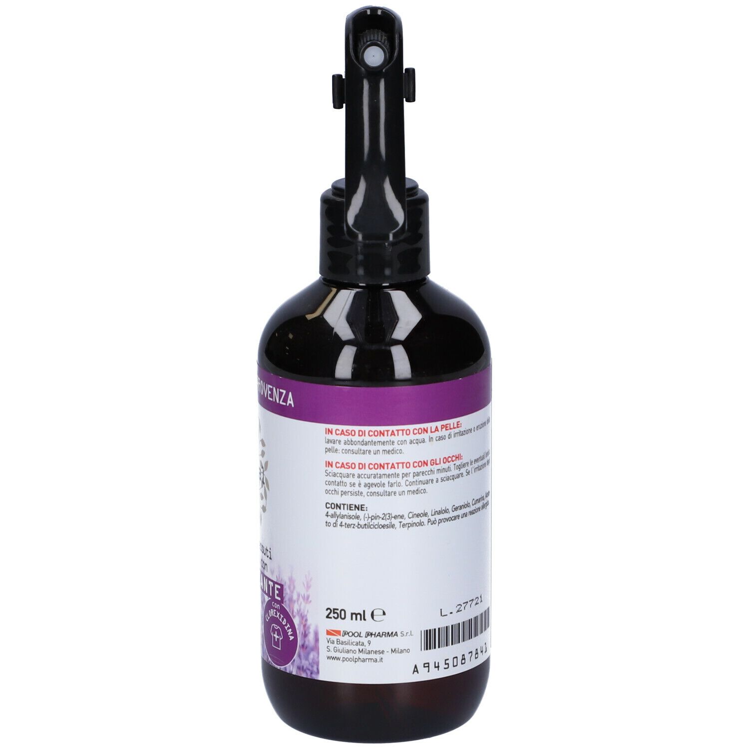 Retro del flacone marrone con spruzzatore nero. Etichetta con testo e indicazione del volume: 250 ml.