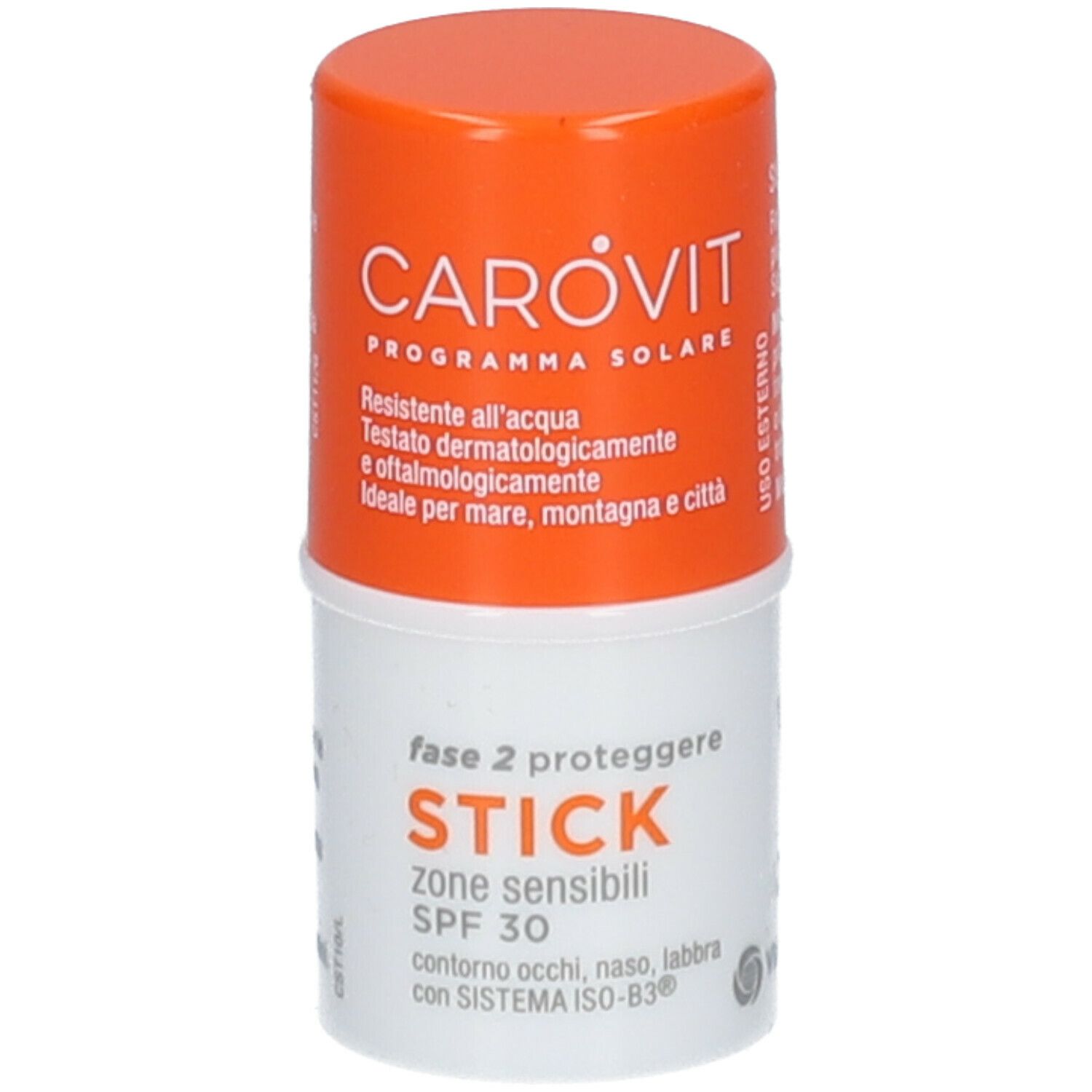CAROVIT Stick SPF 30. Confezione arancione e bianca. Testo: 'STICK', 'SPF 30'.