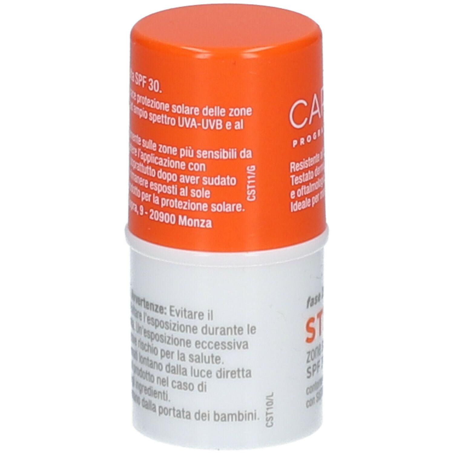 CAROVIT Stick SPF 30. Confezione cilindrica, arancione e bianca. Testo: 'STICK', 'SPF 30'.