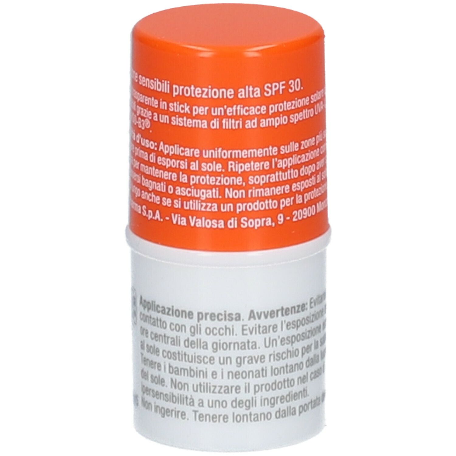 CAROVIT Stick SPF 30. Confezione cilindrica, arancione e bianca. Testo: 'STICK', 'SPF 30'.