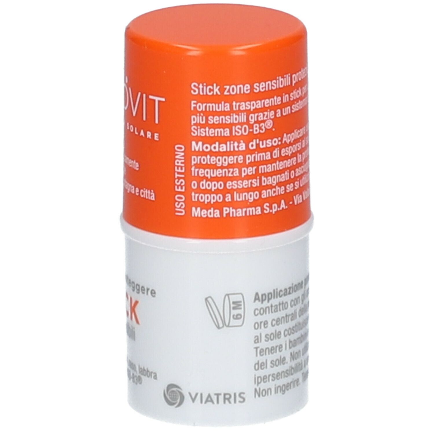 CAROVIT Stick SPF 30. Confezione cilindrica, arancione e bianca. Testo: 'STICK', 'SPF 30'.