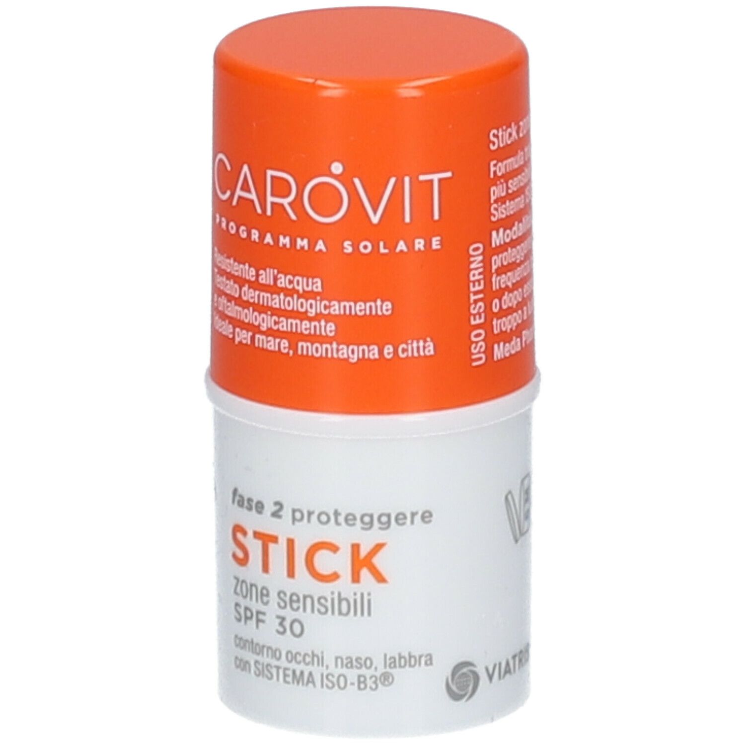 CAROVIT Stick SPF 30. Confezione cilindrica, arancione e bianca. Testo: 'STICK', 'SPF 30'.