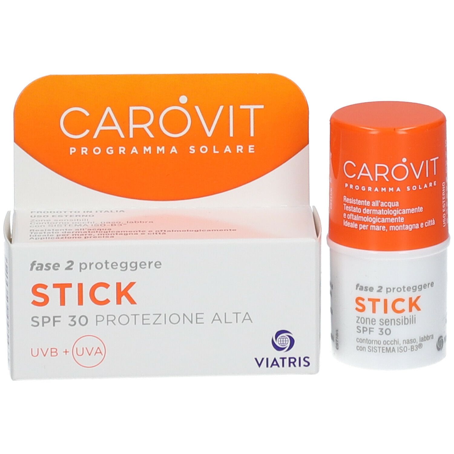 CAROVIT Stick SPF 30 e confezione. Scatola bianca con coperchio arancione. Testo: 'STICK', 'SPF 30'.