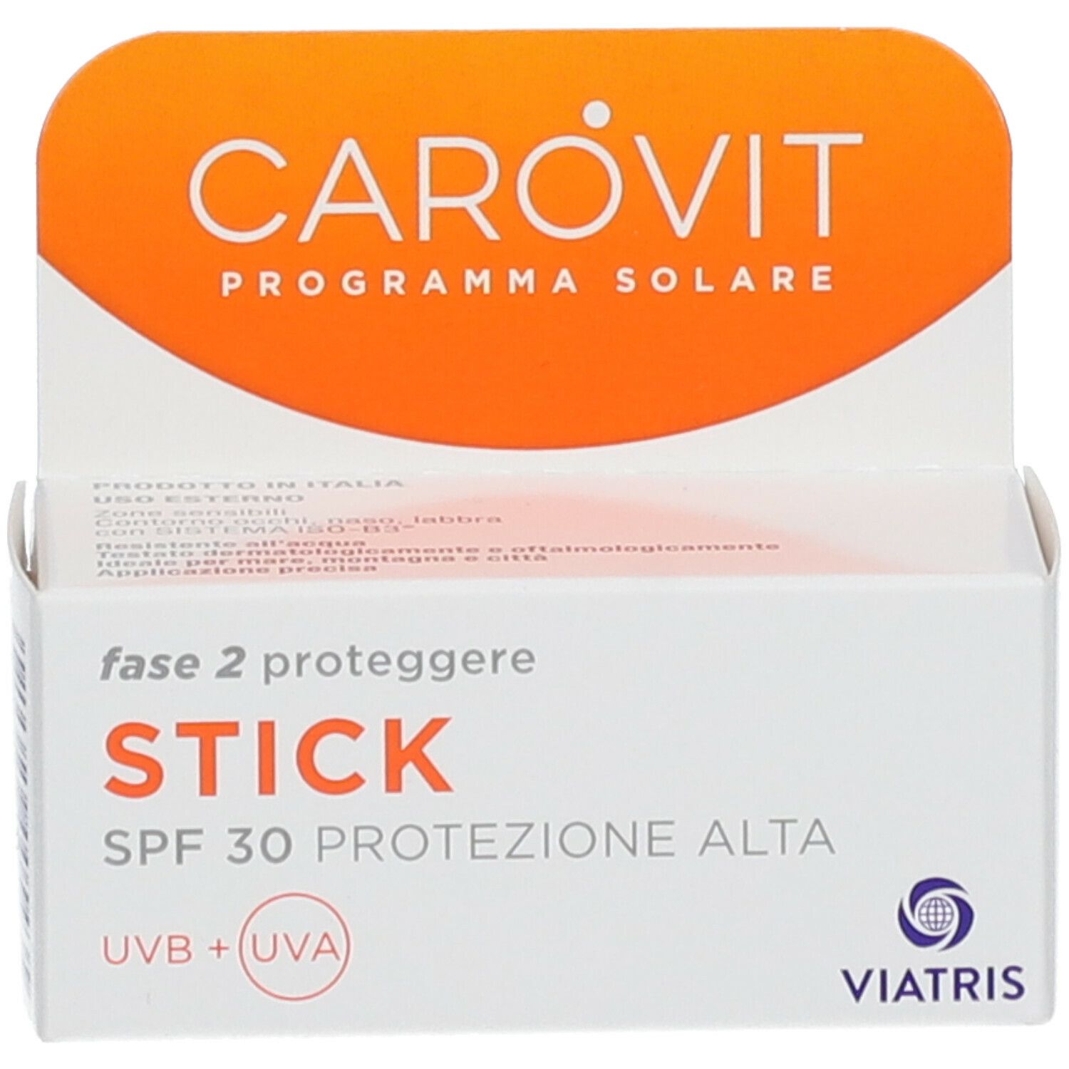 CAROVIT Stick SPF 30. Scatola bianca con coperchio arancione. Testo: 'STICK', 'SPF 30'.