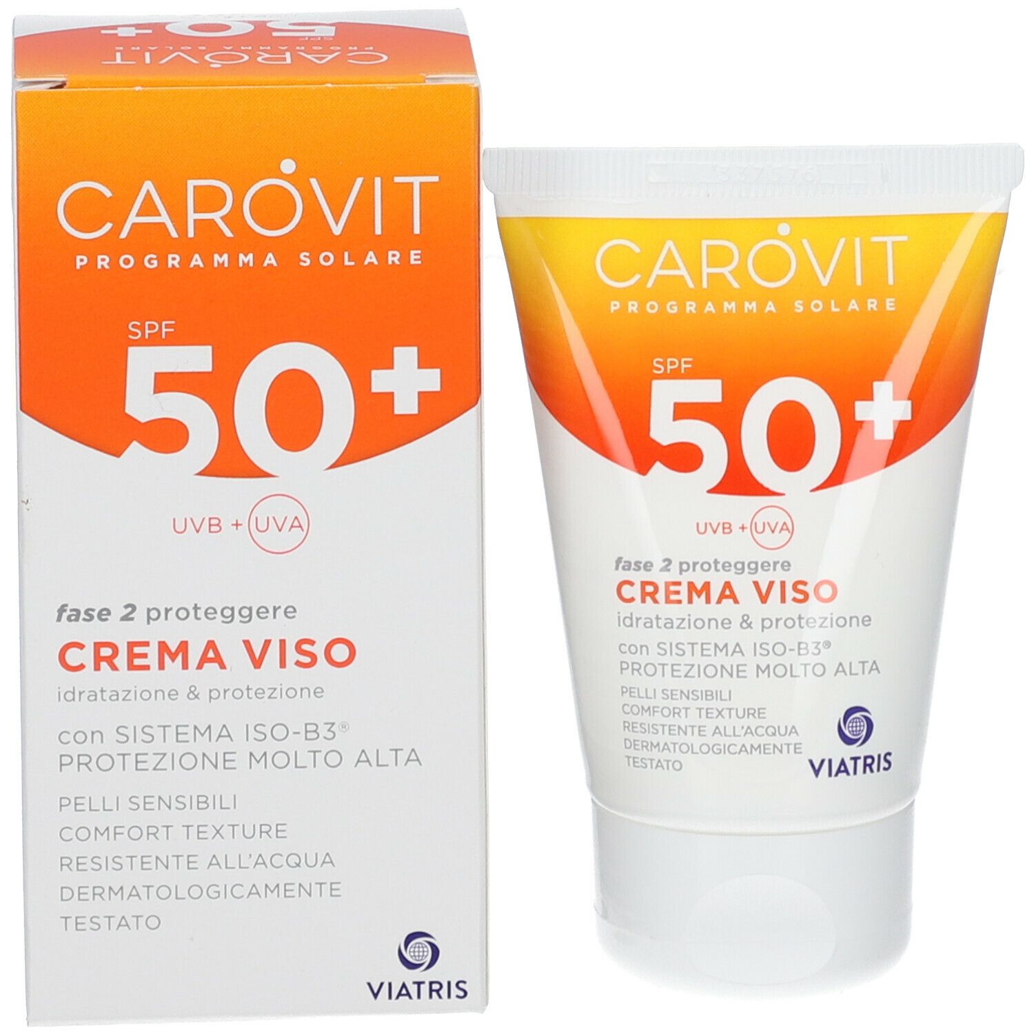Tubo e confezione di crema solare. Entrambi mostrano il nome del prodotto, SPF 50+ e Creme Viso. Design arancione e bianco.