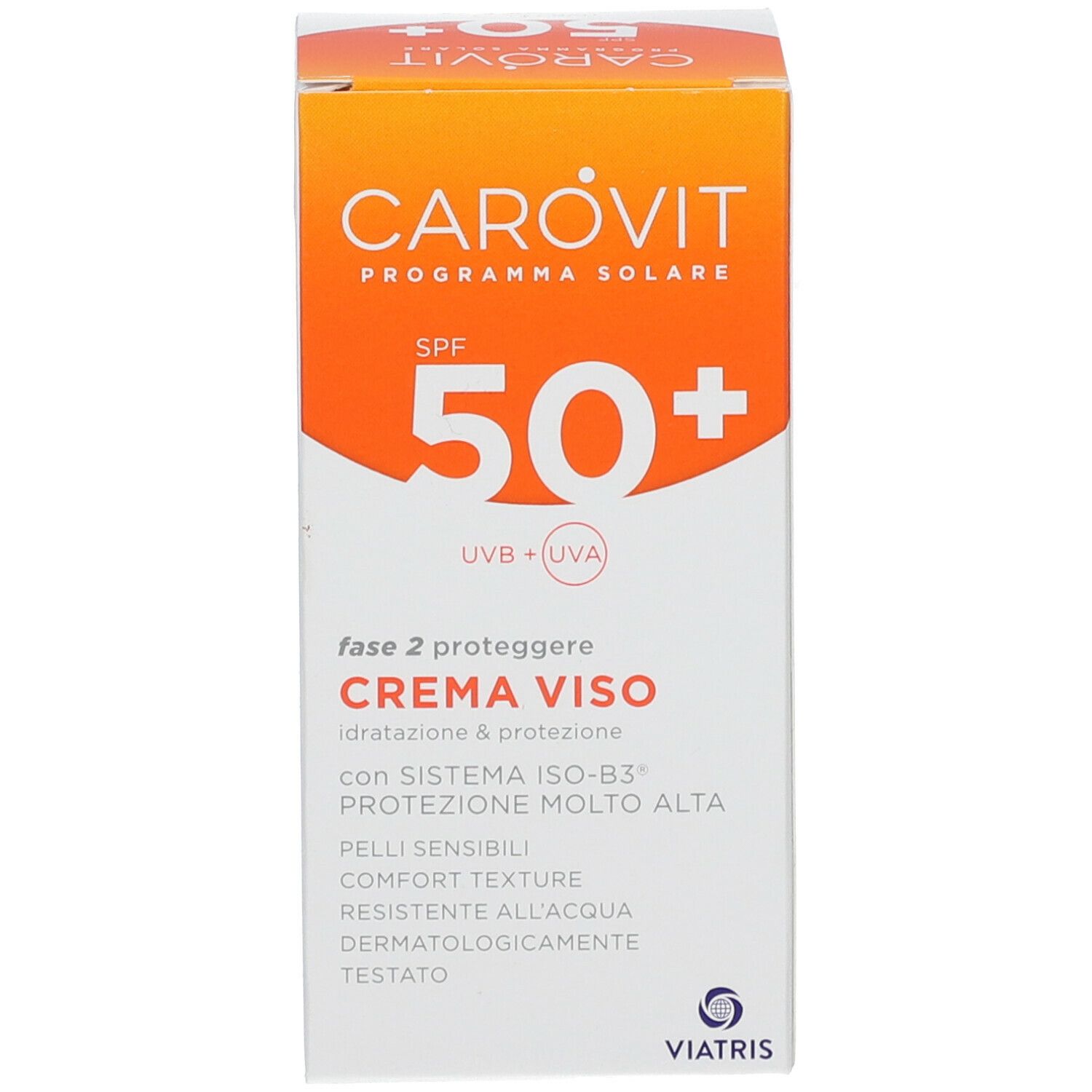 Confezione della crema solare. Bianca con accenti arancioni. Mostra il nome del prodotto, SPF 50+ e Creme Viso.