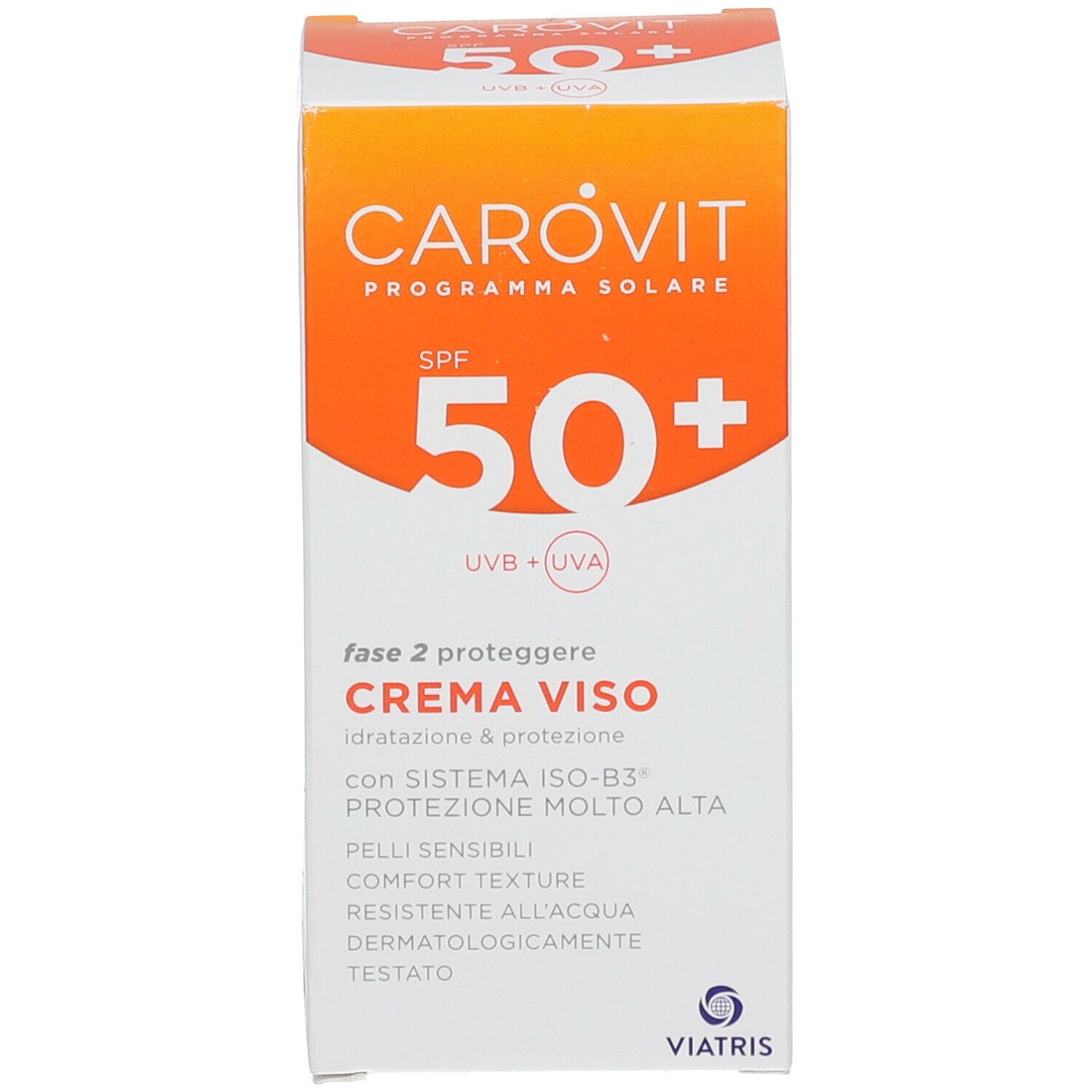 Confezione di crema solare. Bianca con accenti arancioni. Mostra il nome del prodotto, SPF 50+ e Creme Viso.