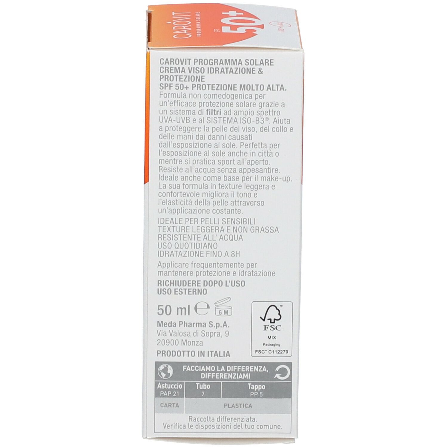 Lato della confezione della crema solare. Contiene informazioni sul prodotto, istruzioni per l'uso e dettagli del produttore.