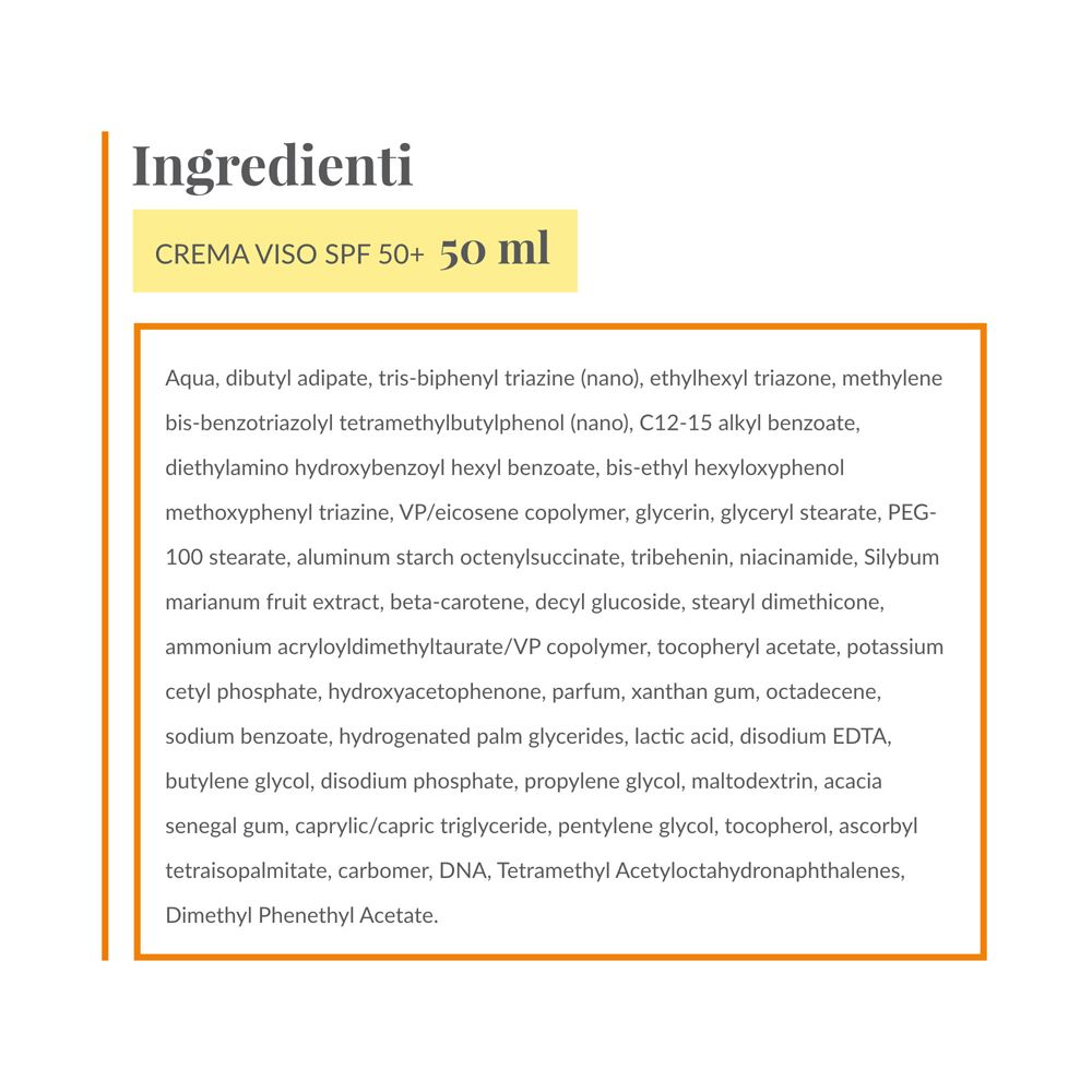 Liste der Inhaltsstoffe von Creme Viso SPF 50+ 50 ml. Text: Aqua, Dibutyl Adipate, etc.
