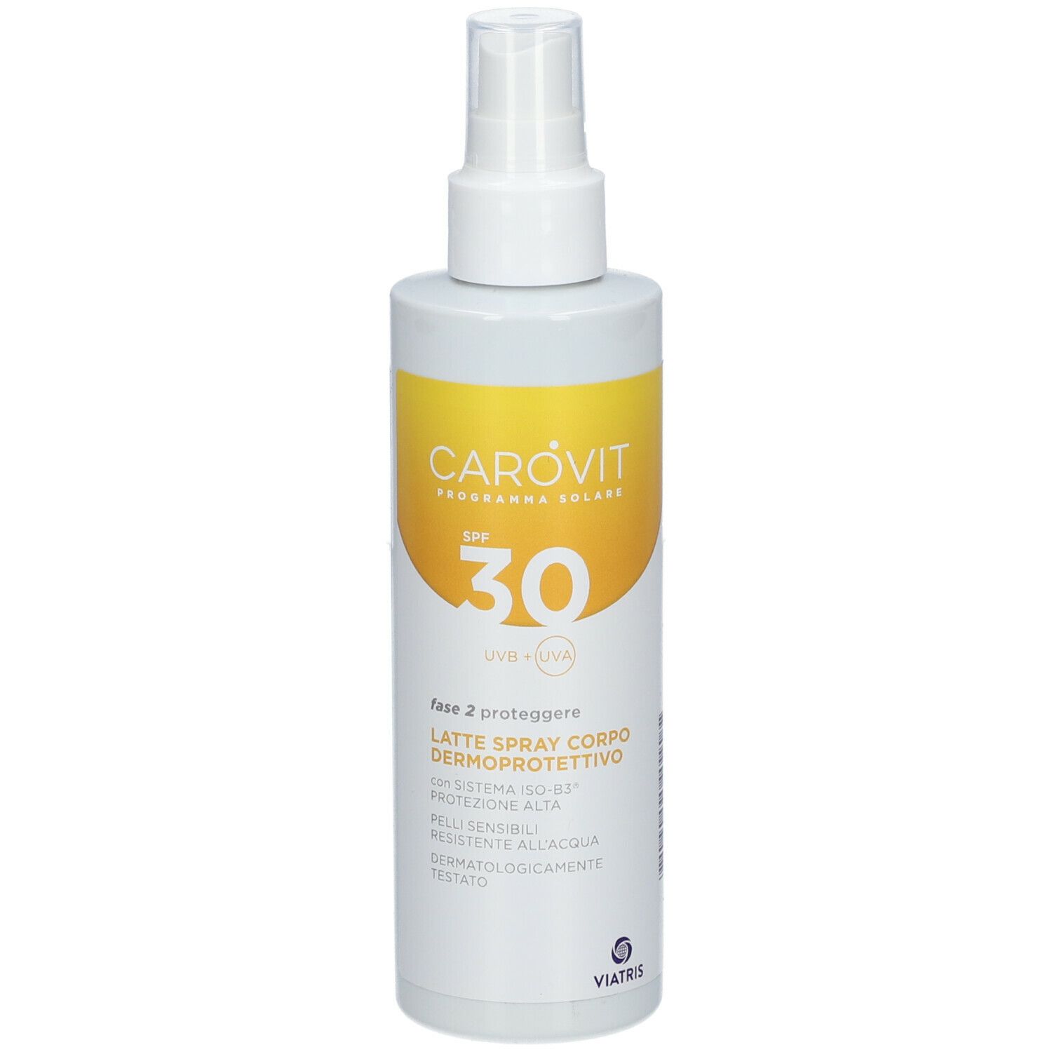 Spray corpo bianco con etichetta gialla. Scritta: CAROVIT, SPF 30. Erogatore spray.