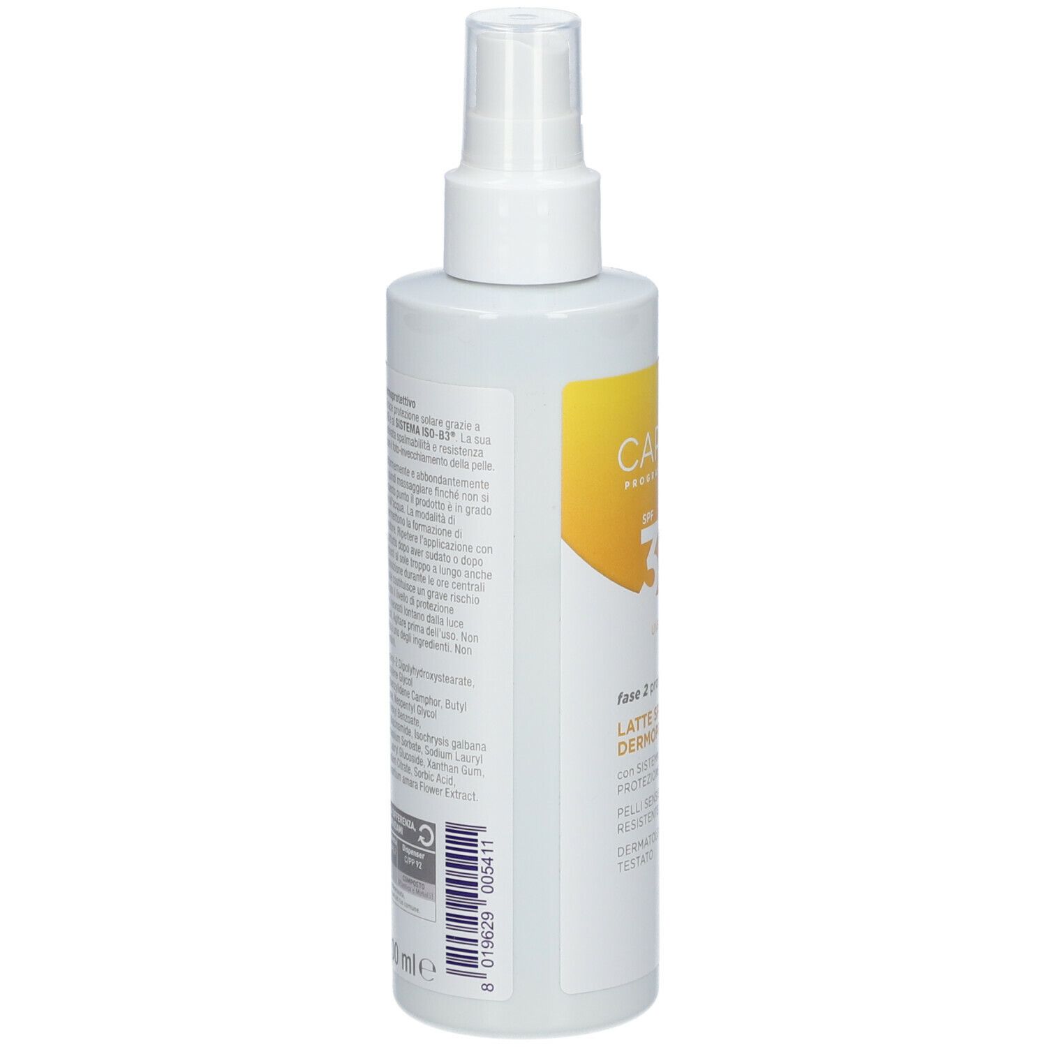Spray corpo bianco. Retro con testo. Etichetta gialla. Erogatore spray.