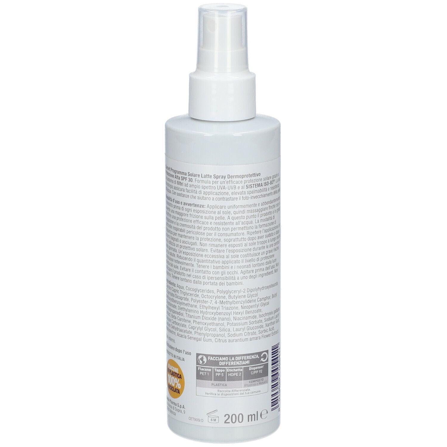 Spray corpo bianco. Retro con testo ed etichetta gialla. 200 ml. Erogatore spray.