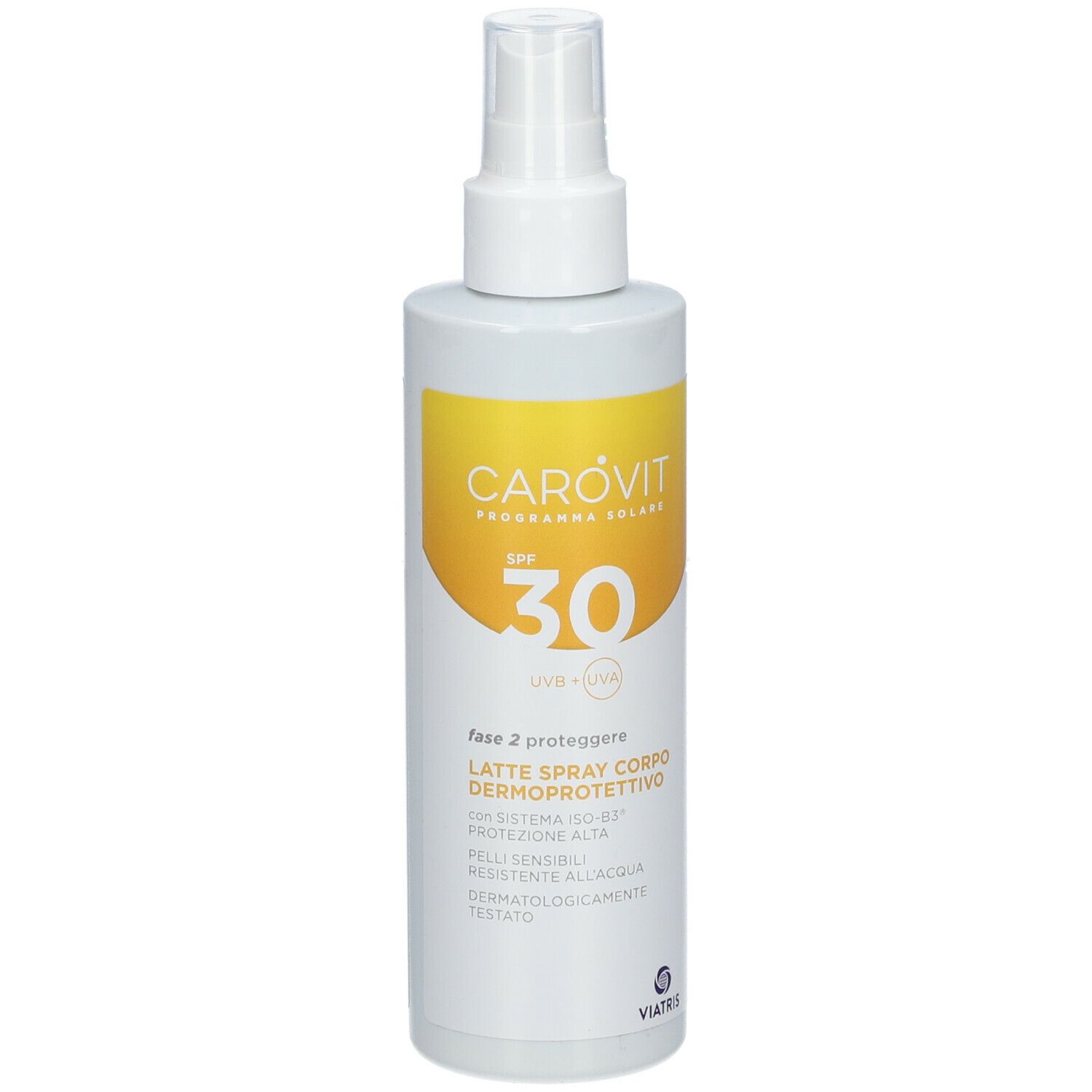Spray corpo bianco con etichetta gialla. Scritta: CAROVIT, SPF 30. Erogatore spray.