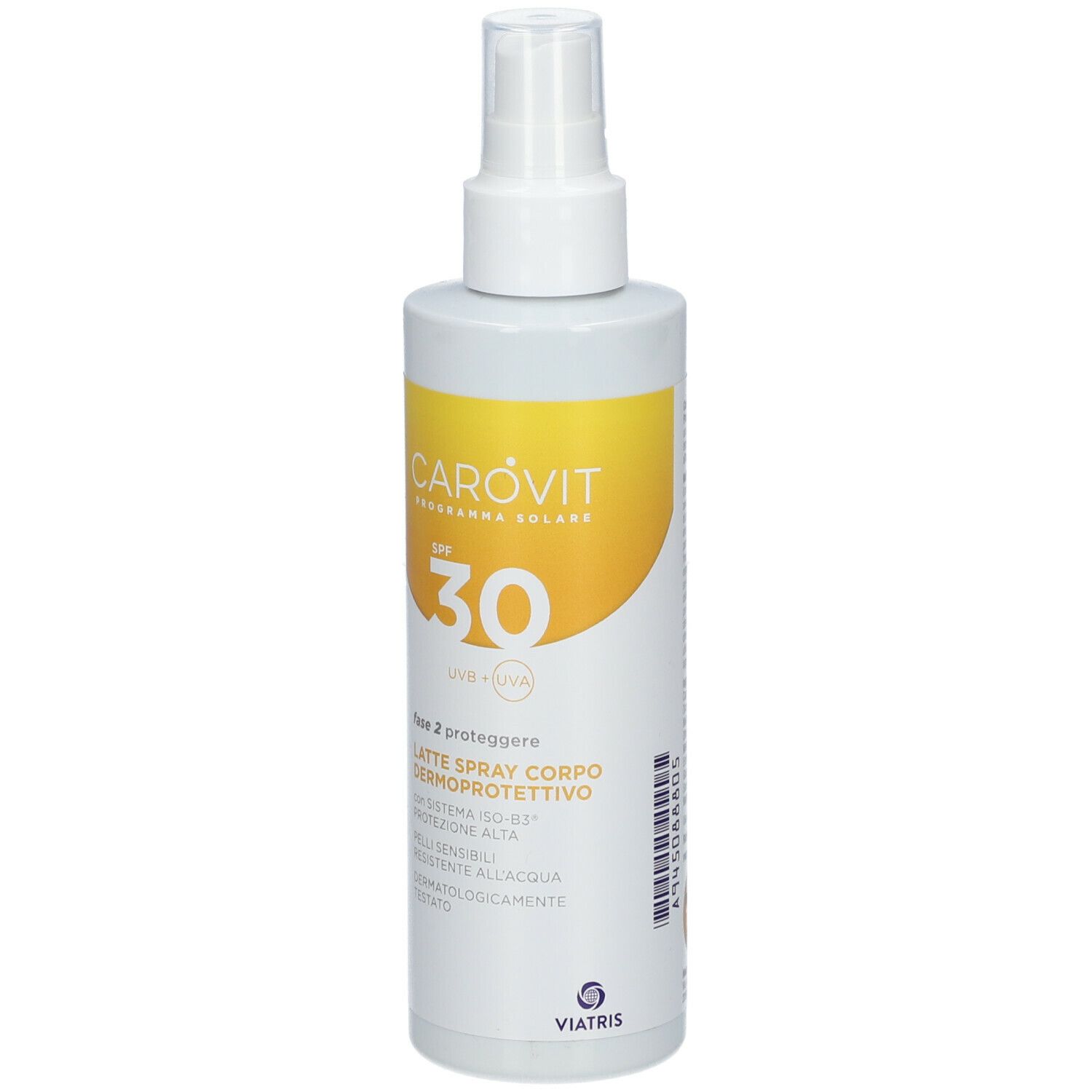 Spray corpo bianco con etichetta gialla. Scritta: CAROVIT, SPF 30. Erogatore spray.