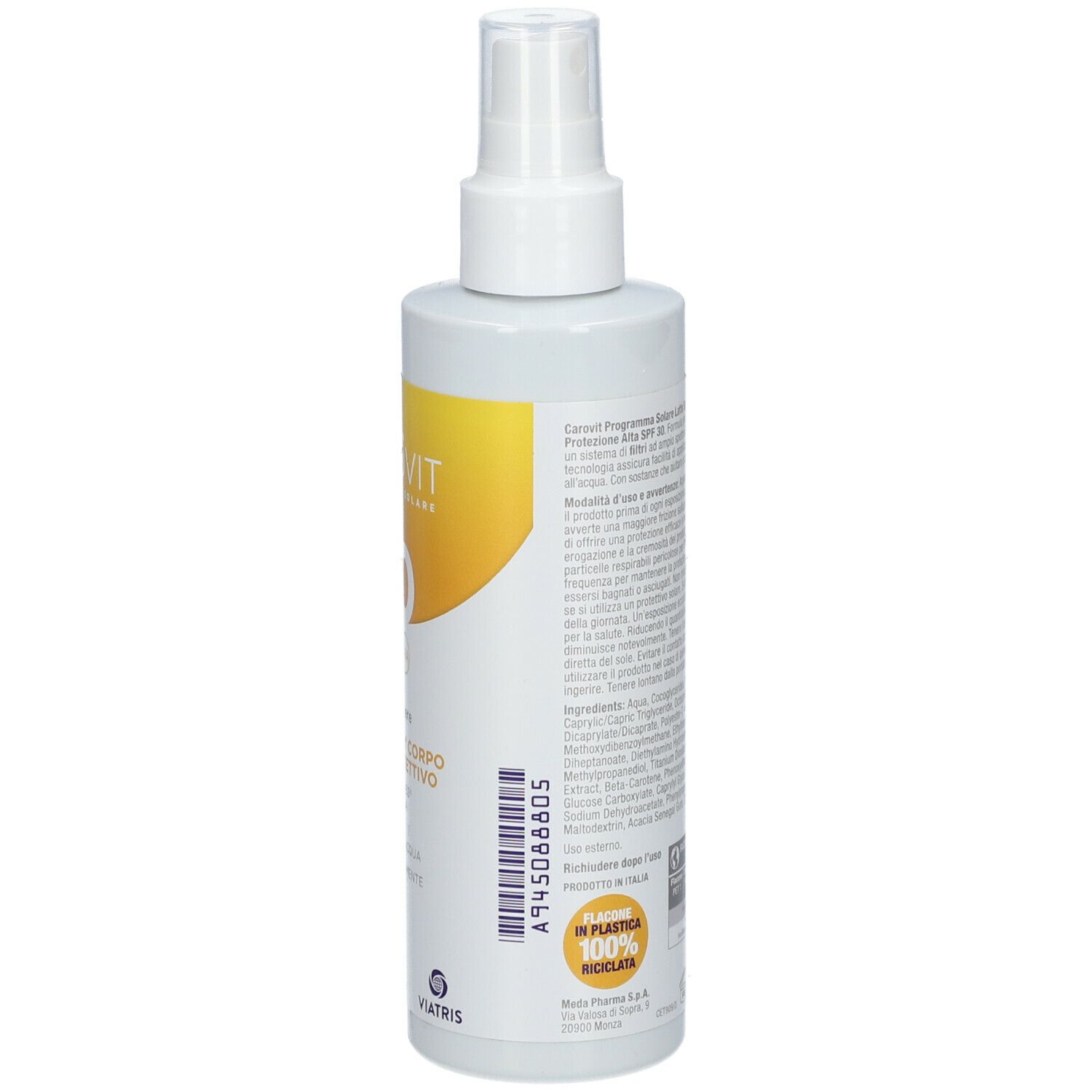 Spray corpo bianco. Retro con testo ed etichetta gialla. Erogatore spray.