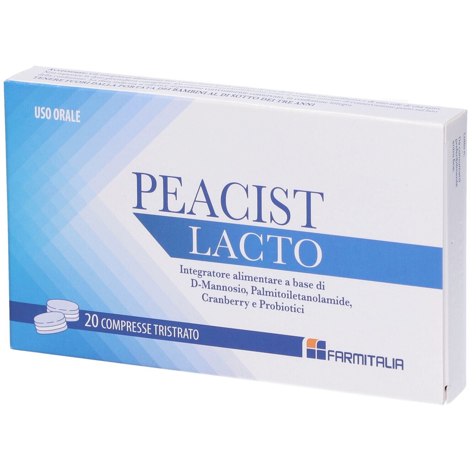 Scatola di Peacist Lacto, 20 compresse. Contiene D-Mannosio, Palmitoiletanolamide, Cranberry e probiotici. Marchio Farmitalia.