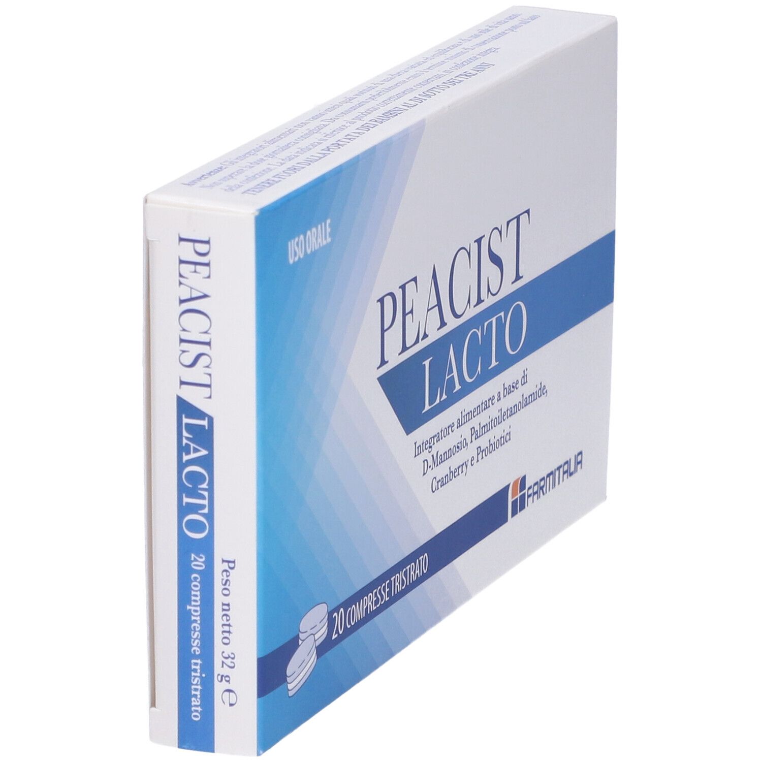 Scatola Peacist Lacto, 20 compresse. Contiene D-Mannosio, Palmitoiletanolamide, Cranberry e probiotici. Marchio Farmitalia.