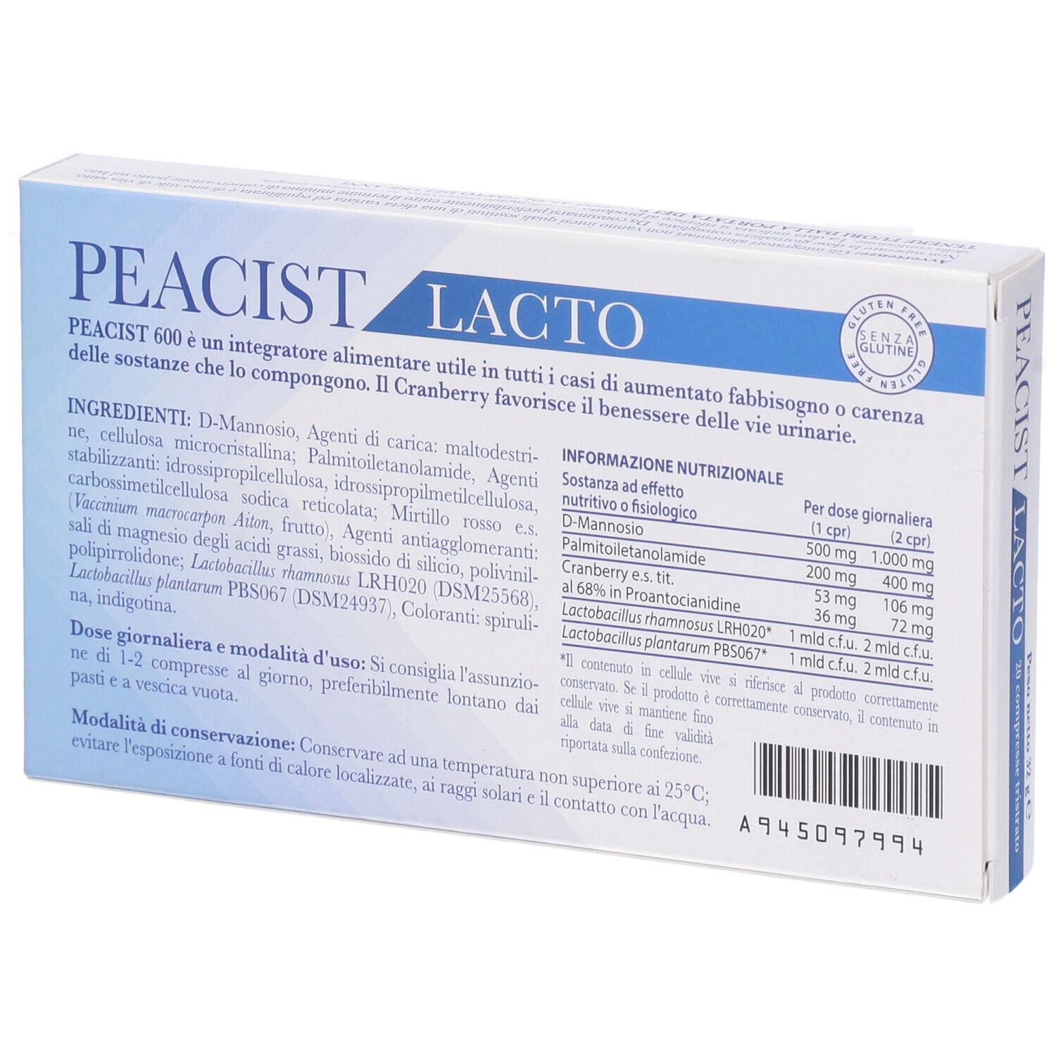 Scatola Peacist Lacto 600. Informazioni su ingredienti e valori nutrizionali. Marchio Farmitalia. Senza glutine.