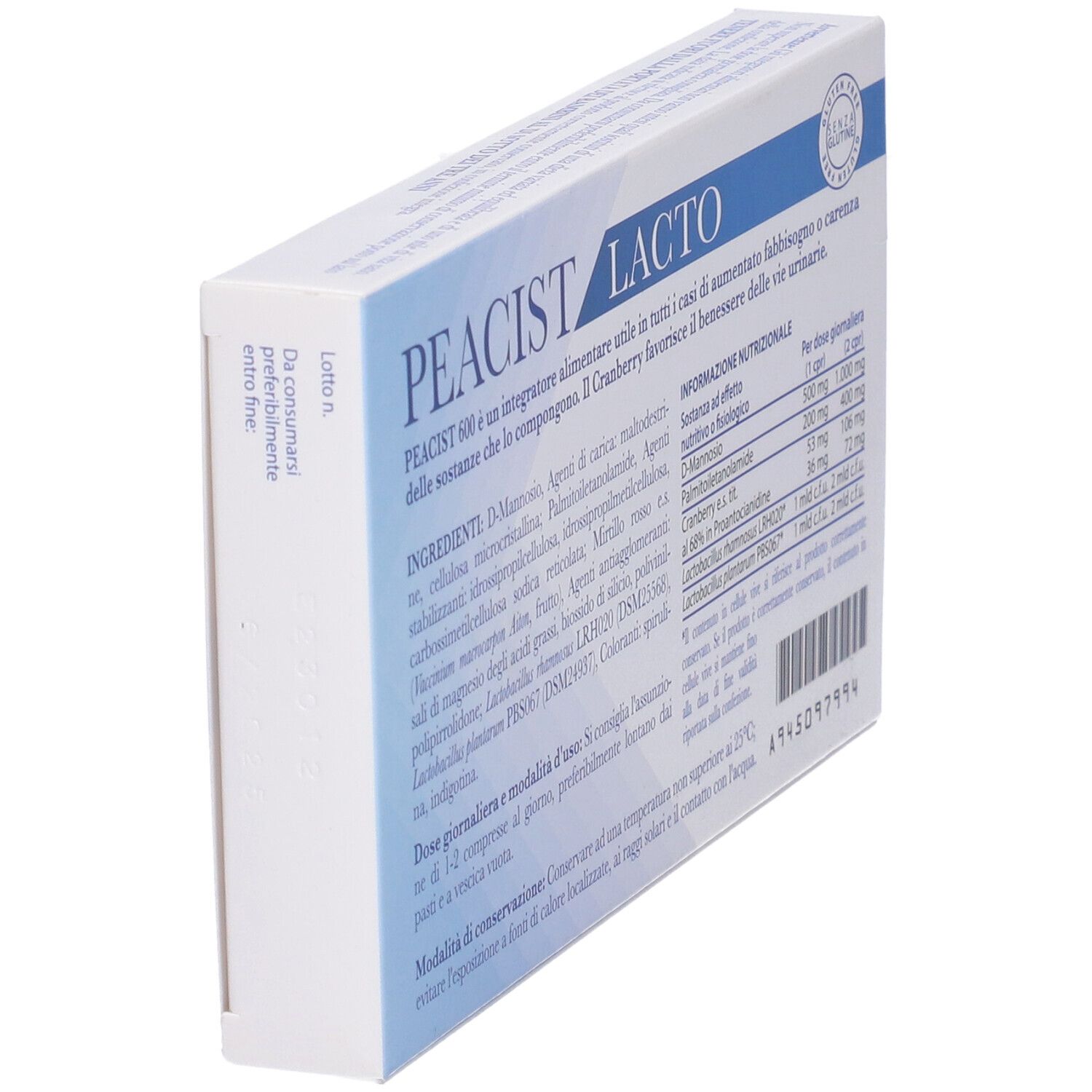 Scatola Peacist Lacto 600. Informazioni su ingredienti e valori nutrizionali. Marchio Farmitalia. Senza glutine.