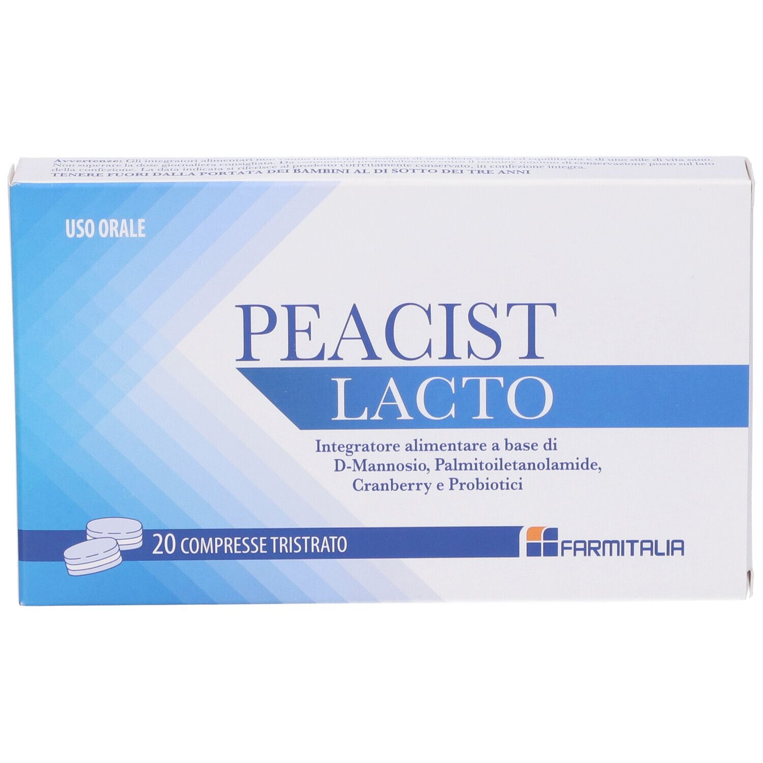 Scatola di Peacist Lacto, 20 compresse. Contiene D-Mannosio, Palmitoiletanolamide, Cranberry e probiotici. Marchio Farmitalia.