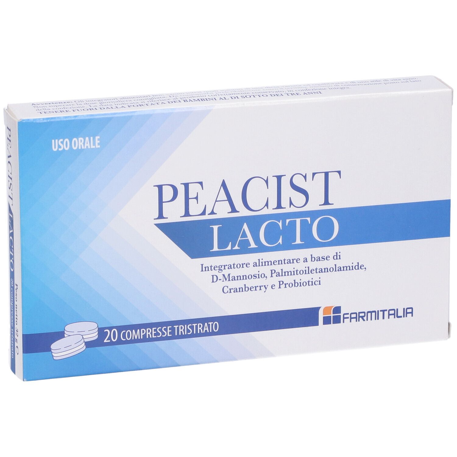 Scatola di Peacist Lacto, 20 compresse. Contiene D-Mannosio, Palmitoiletanolamide, Cranberry e probiotici. Marchio Farmitalia.