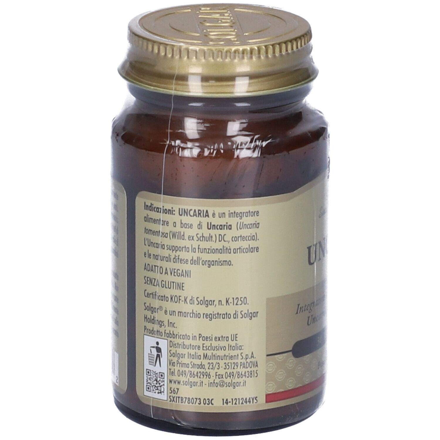 Retro di un flacone di vetro marrone. Etichetta con informazioni su "Uncaria" e ingredienti.