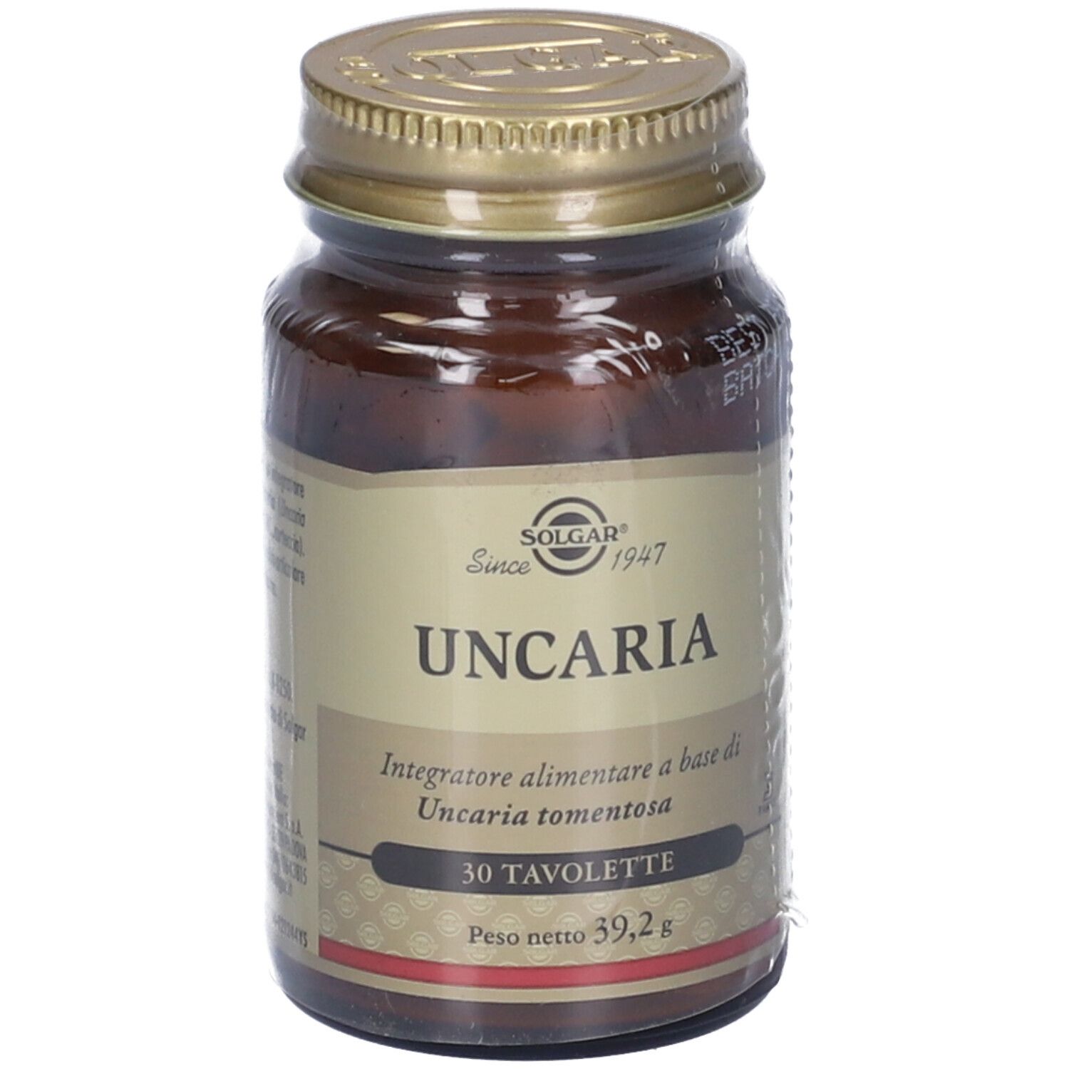 Flacone di vetro marrone con tappo dorato, confezionato. Etichetta "Solgar Uncaria".