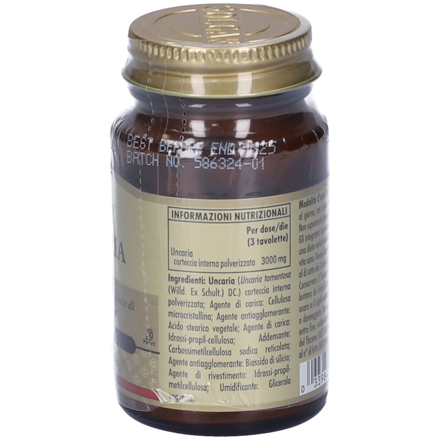 Retro di un flacone di vetro marrone. Etichetta con informazioni nutrizionali e ingredienti.