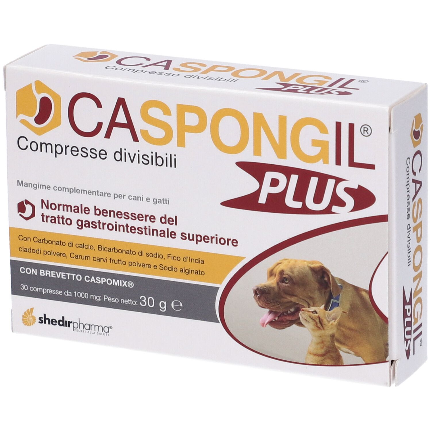 Scatola di Caspongil Plus. Scritto: Compresse divisibili. Immagine di cane e gatto.