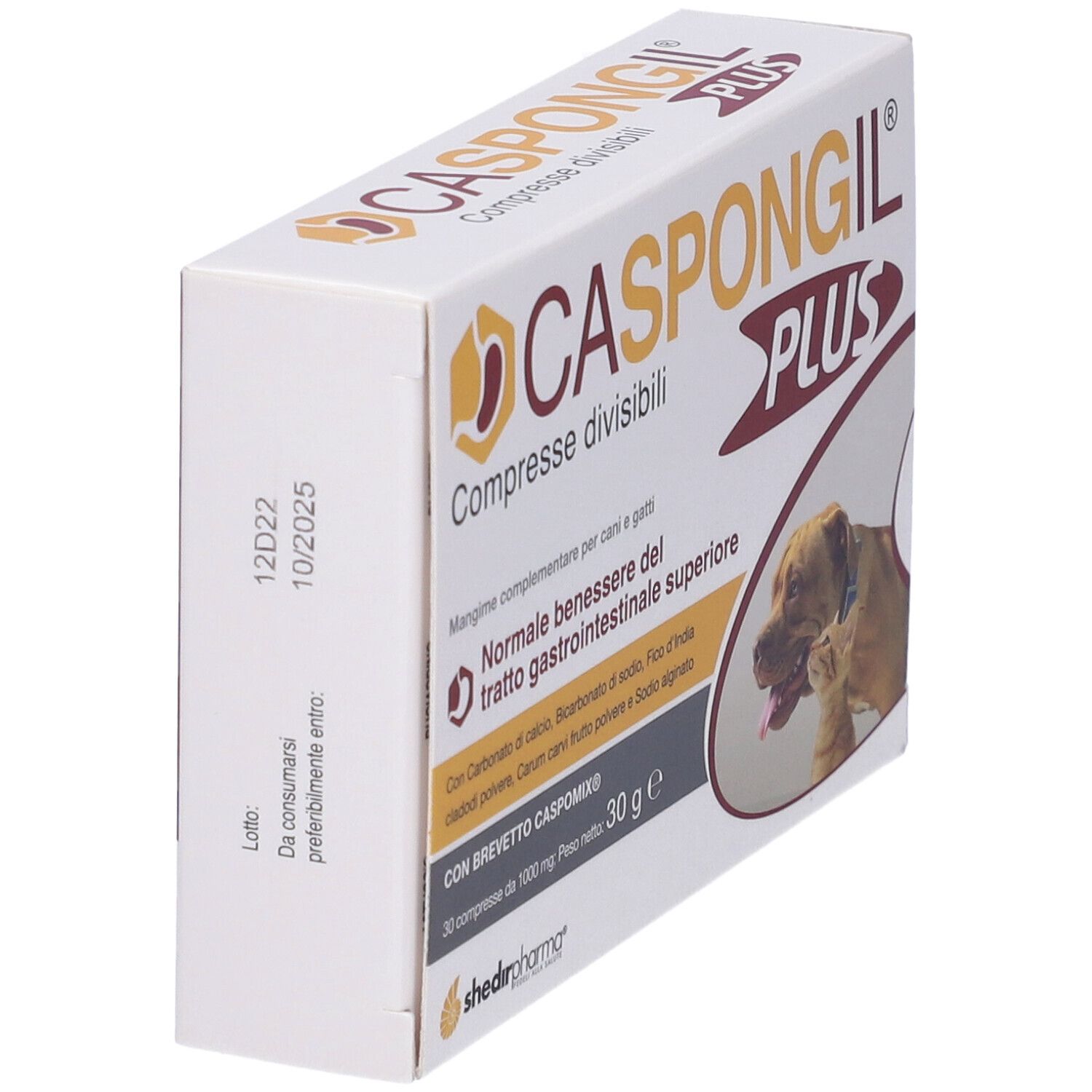Scatola Caspongil Plus, in diagonale. Scritto: Compresse divisibili. Lato con data di scadenza.