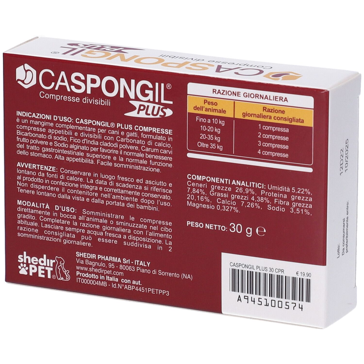 Retro della confezione Caspongil Plus. Contiene informazioni su ingredienti e dosaggio.