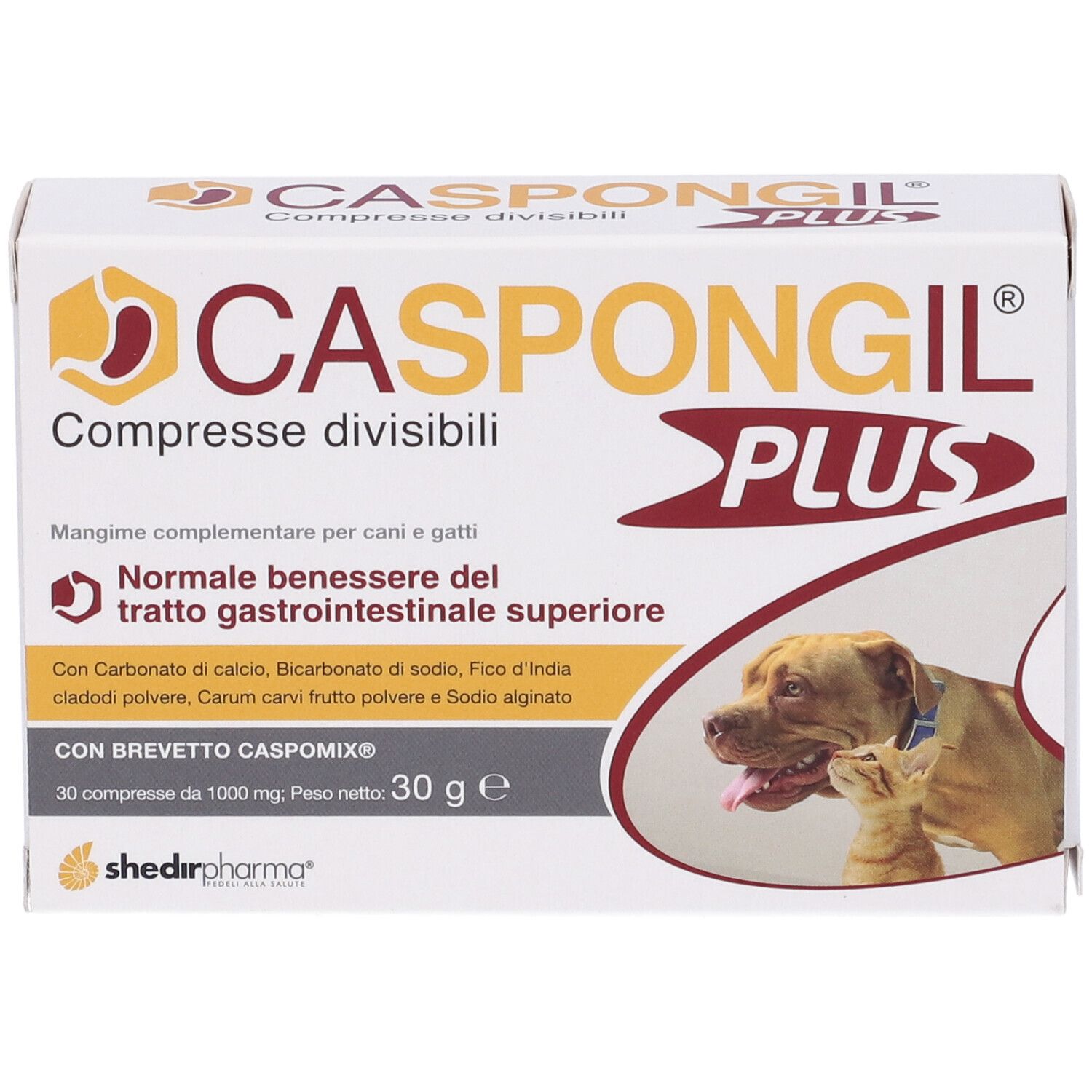 Scatola Caspongil Plus. Scritto: Compresse divisibili. Immagine di cane e gatto.