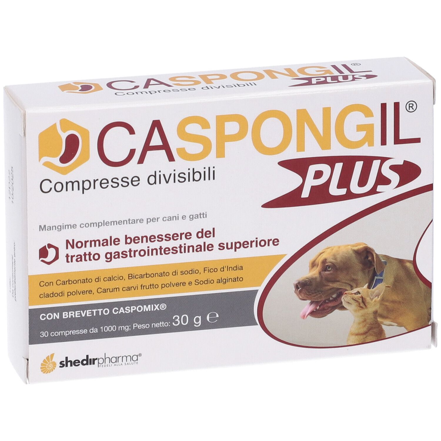 Scatola Caspongil Plus. Scritto: Compresse divisibili. Immagine di cane e gatto.