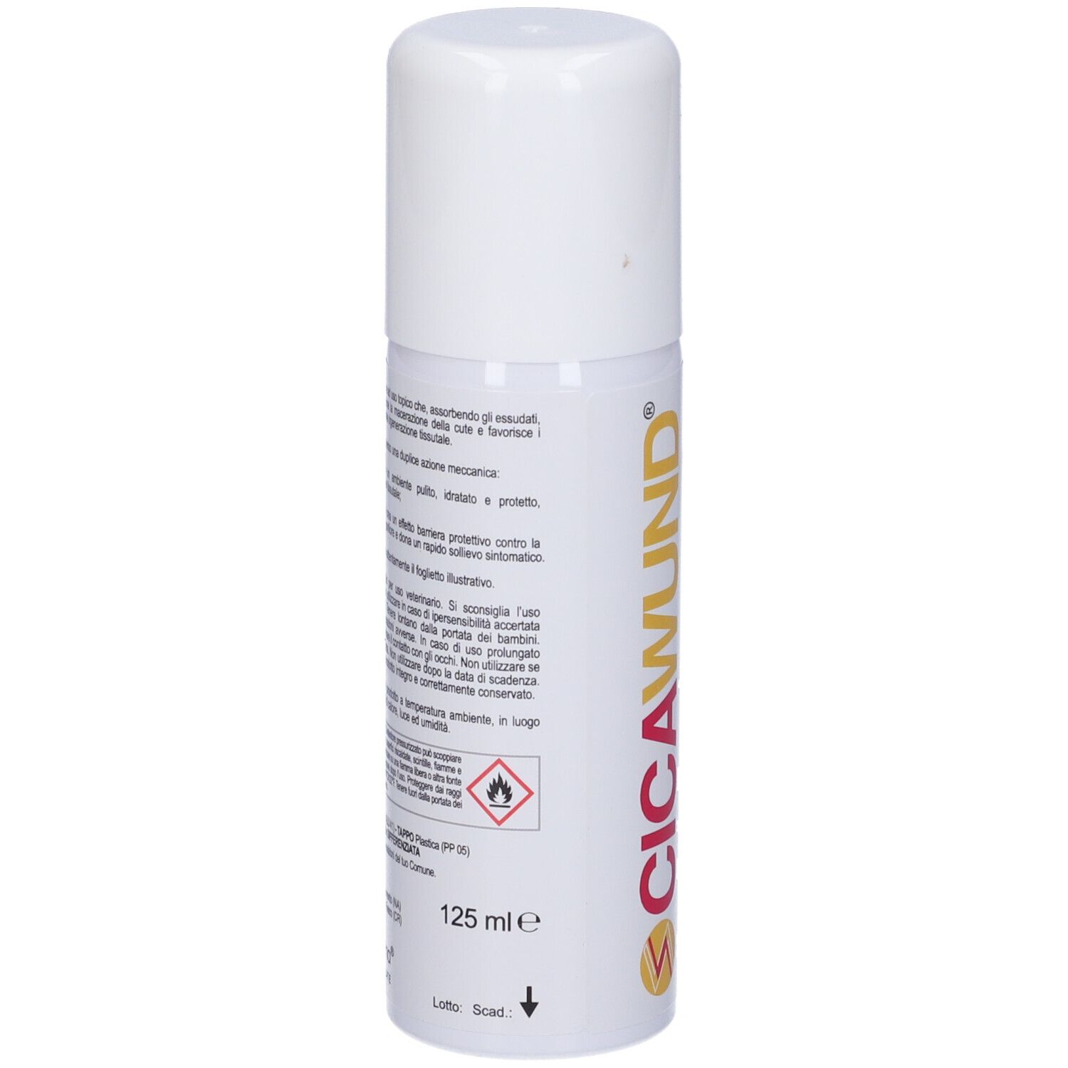 Flacone spray bianco con scritte rosse e gialle. Contiene 125 ml. Scritta: CICAWUND.