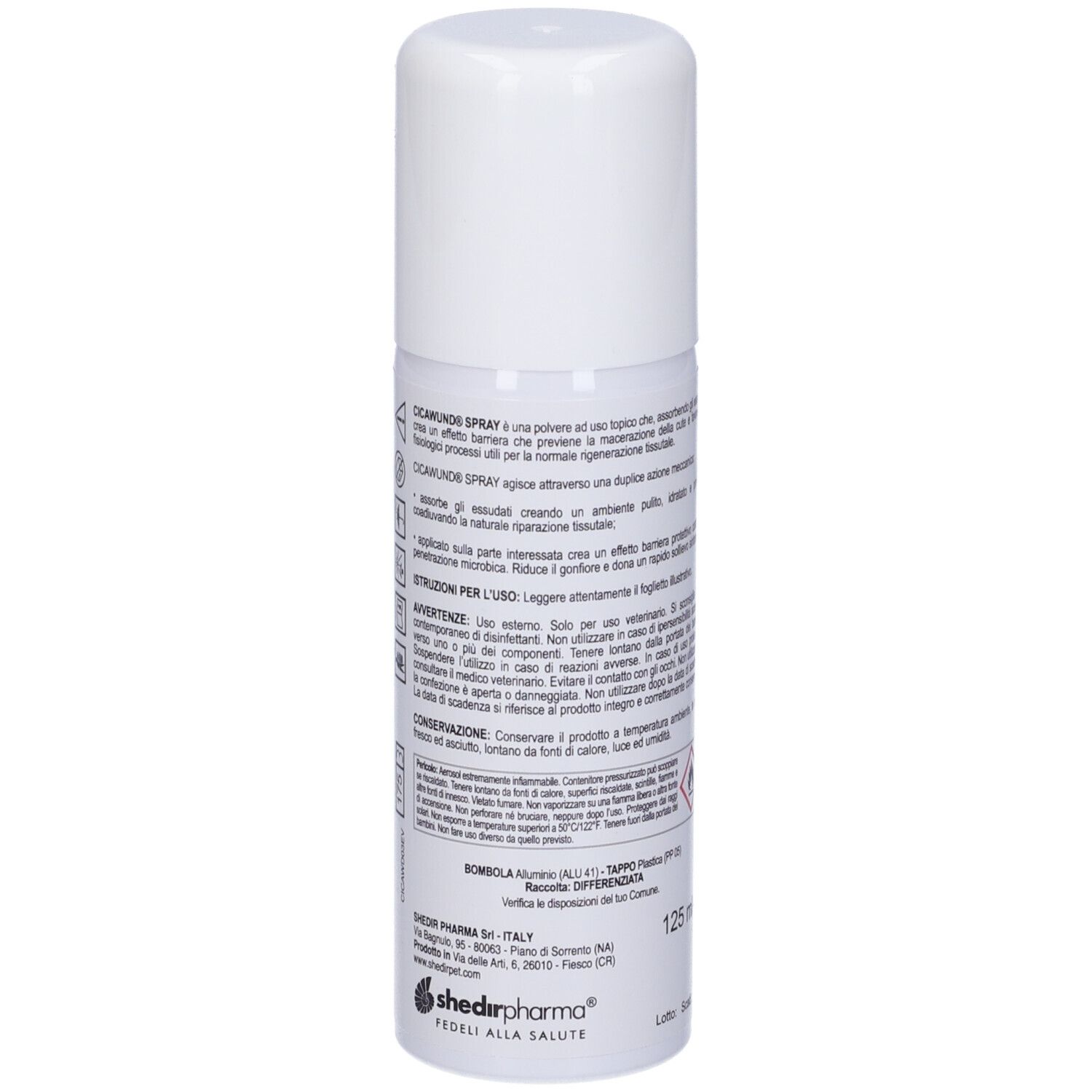 Flacone spray bianco con testo. Scritta: CICAWUND SPRAY. Contiene 125 ml. Con simboli di avvertimento.