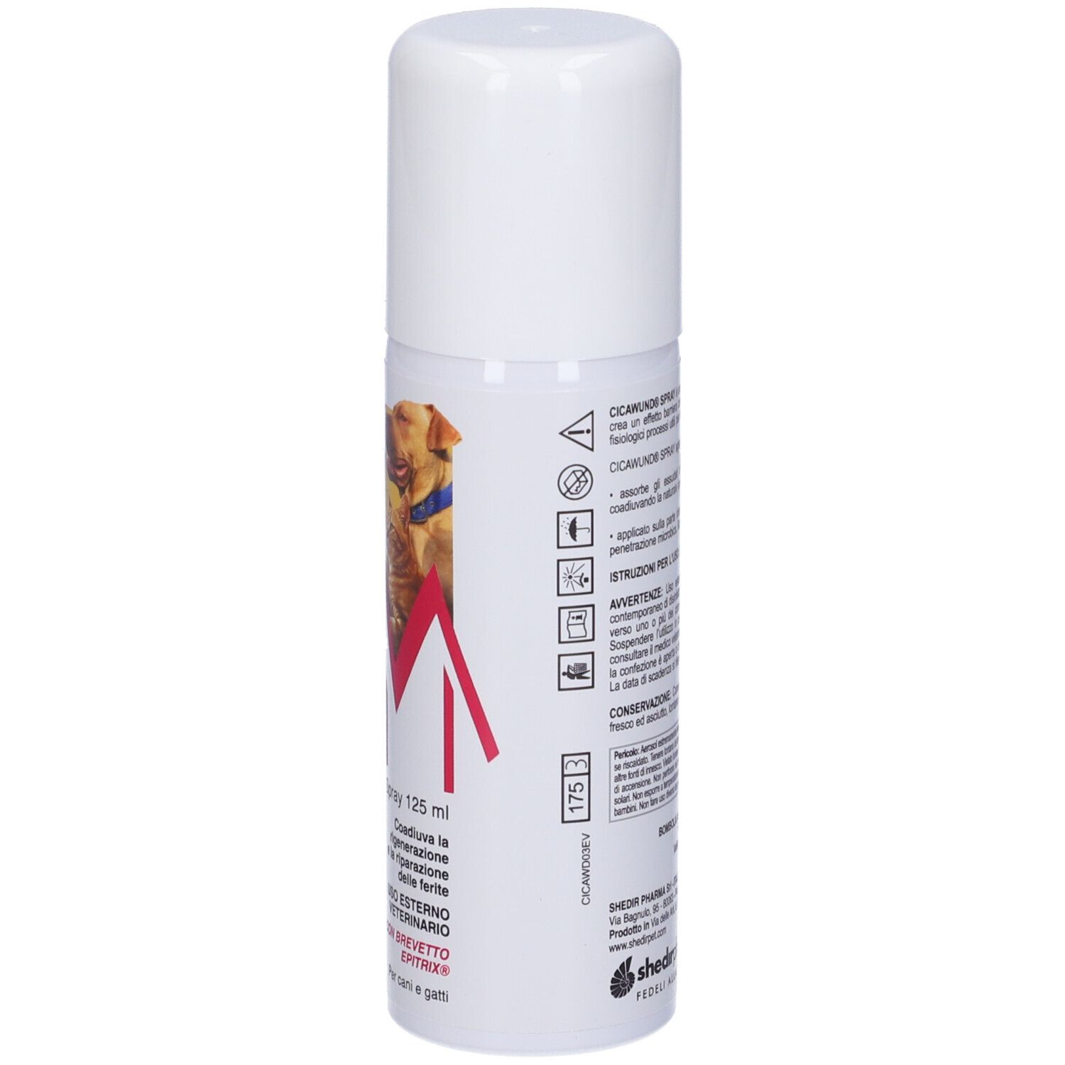 Flacone spray bianco con scritte rosse e gialle. Contiene 125 ml. Scritta: CICAWUND. Con cane e gatto.