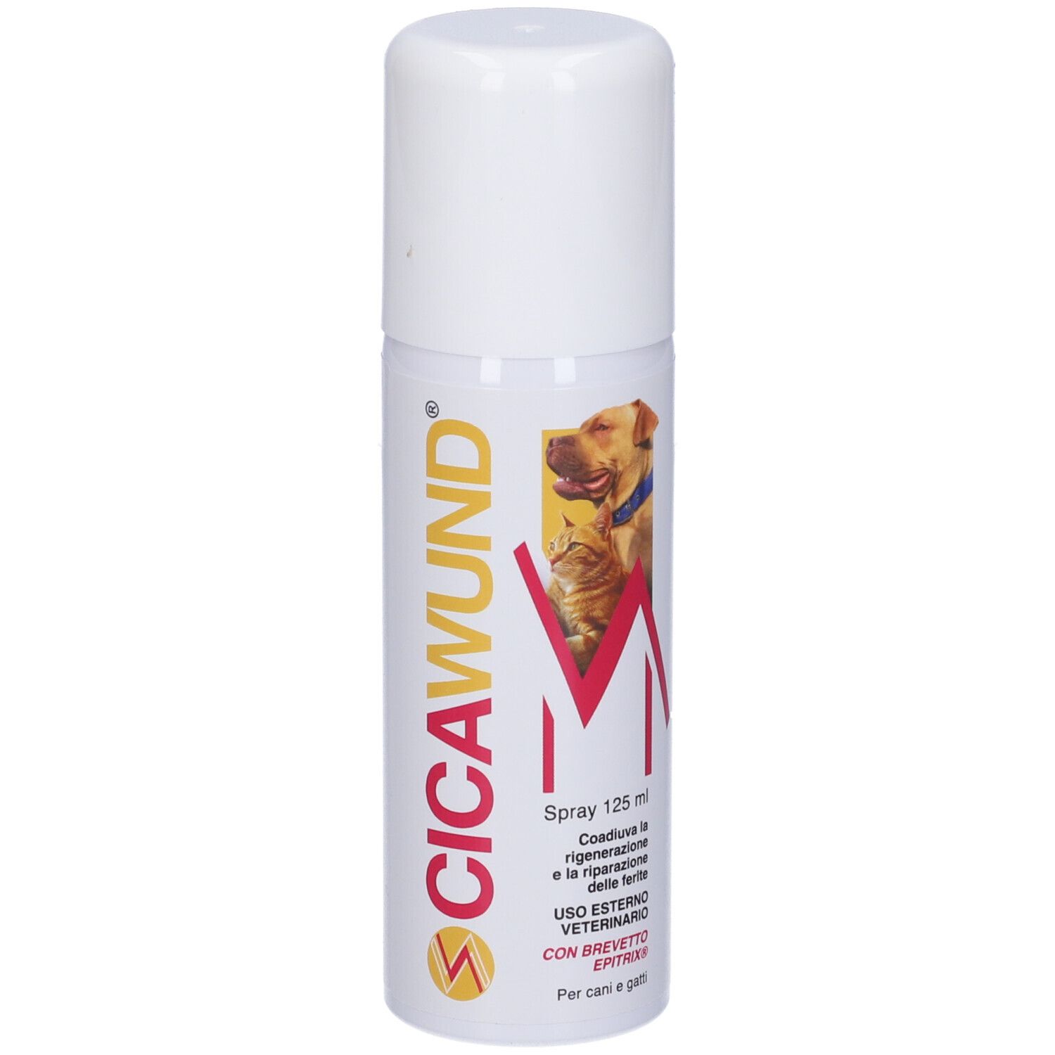 Flacone spray bianco con scritte rosse e gialle. Contiene 125 ml. Scritta: CICAWUND. Con cane e gatto.