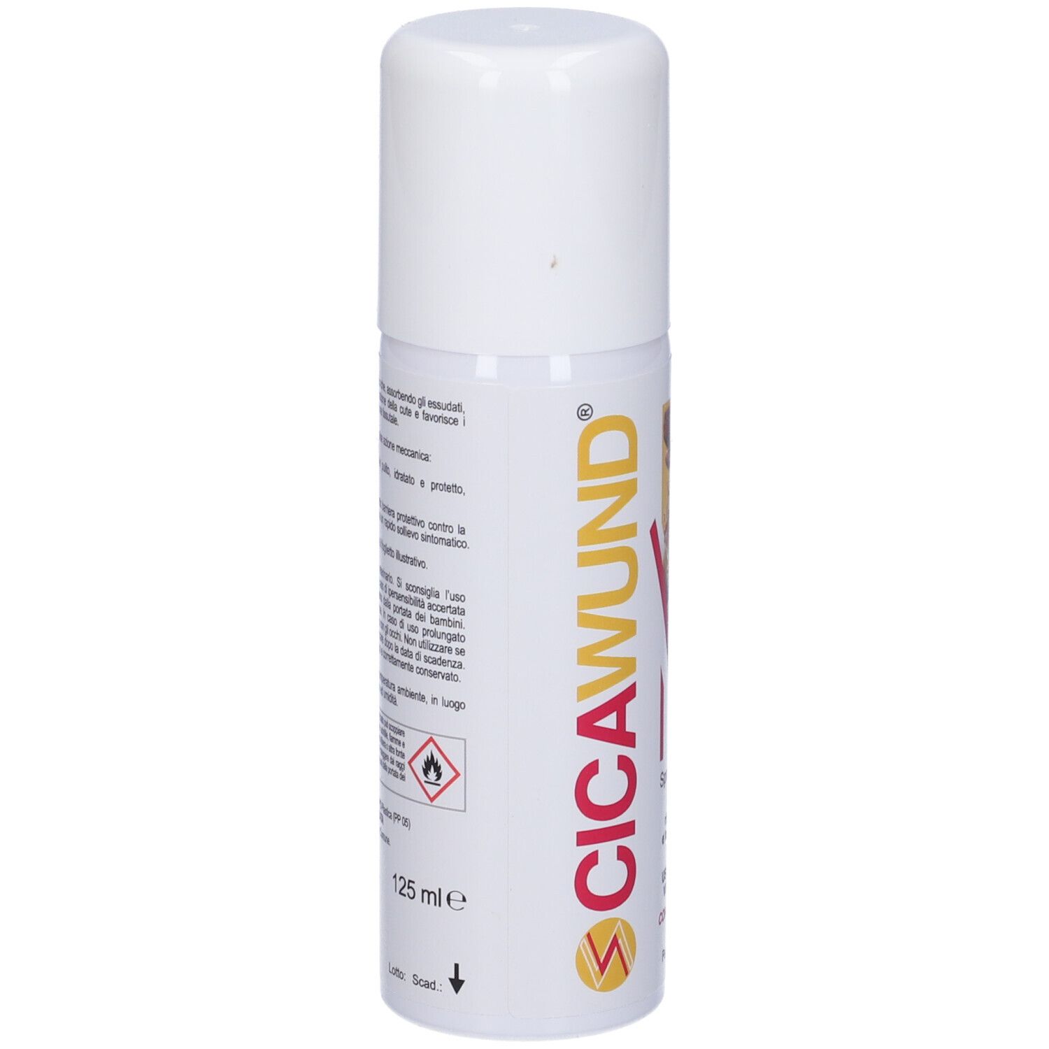 Flacone spray bianco con scritte rosse e gialle. Contiene 125 ml. Scritta: CICAWUND. Con simboli di avvertimento.