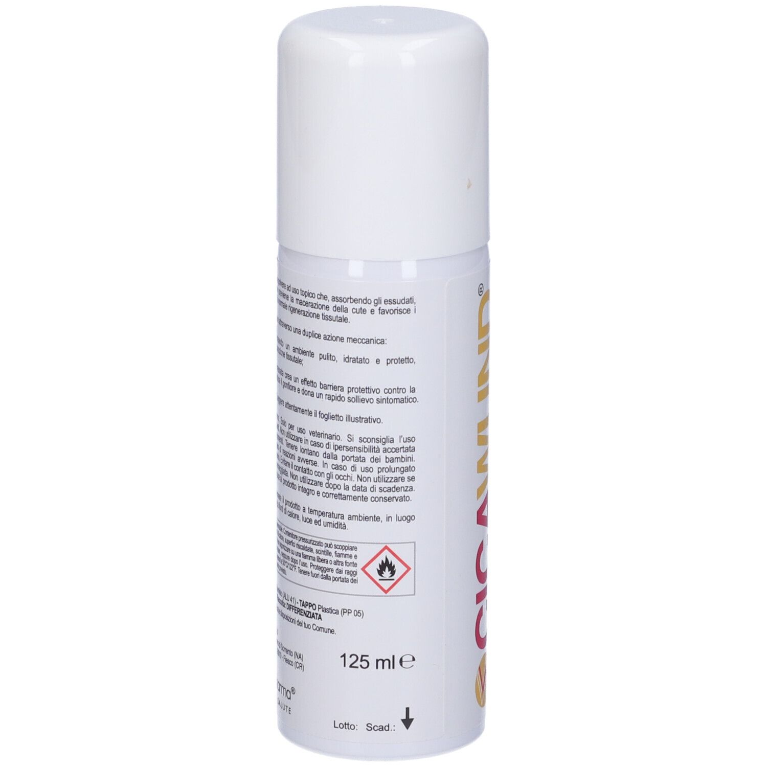 Flacone spray bianco con scritte rosse e gialle. Contiene 125 ml. Scritta: CICAWUND. Con simboli di avvertimento.