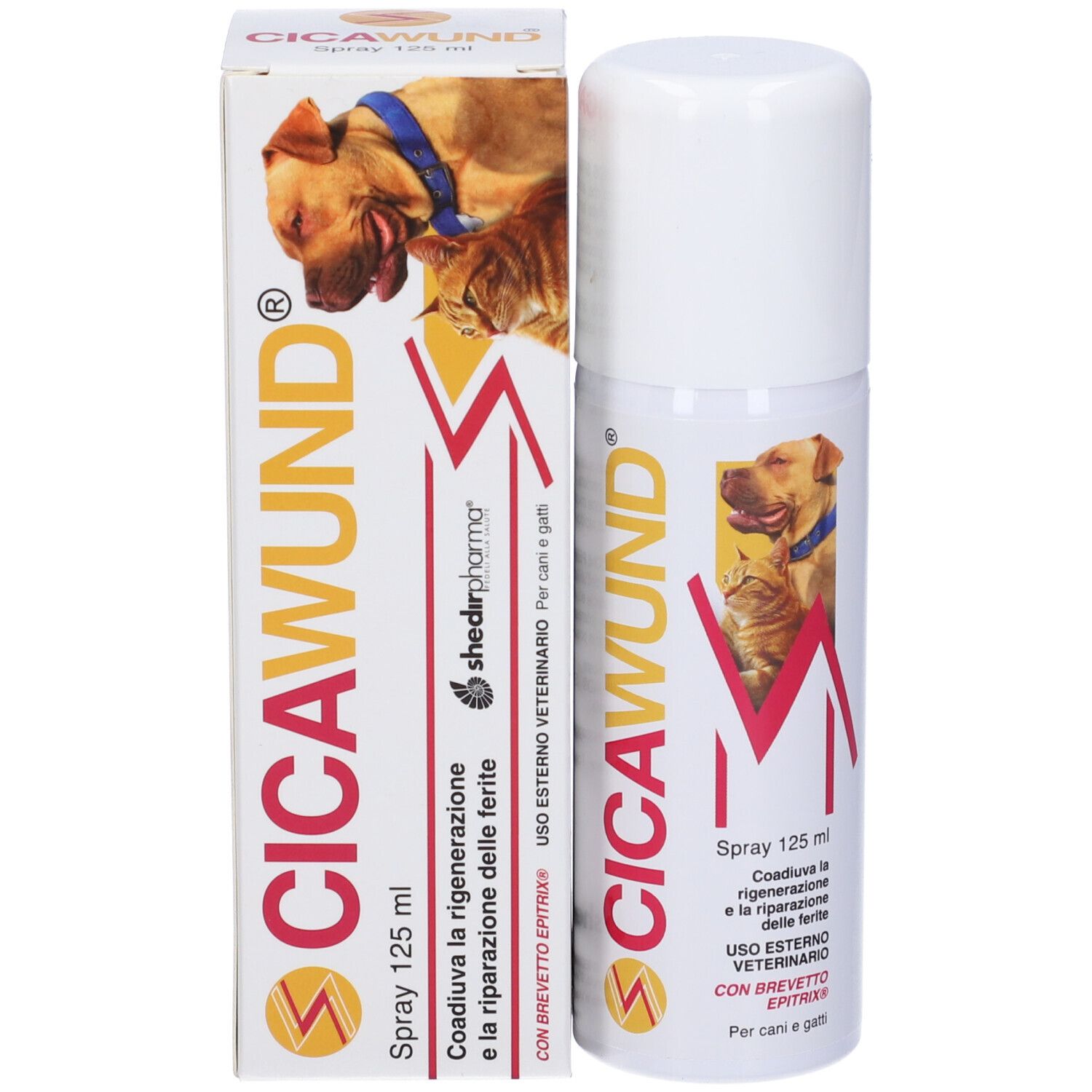 Confezione del prodotto con flacone spray. Scritta: CICAWUND. Contiene 125 ml. Con cane e gatto.